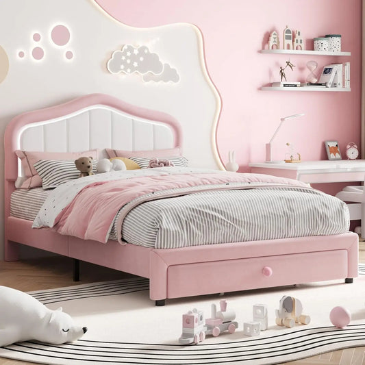 Studyset Kids Velvet Upholstered Bed Frame With LED Crown Headboard