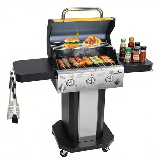 Three Burner Propane Gas Grill With 30000 BTU Warming Rack