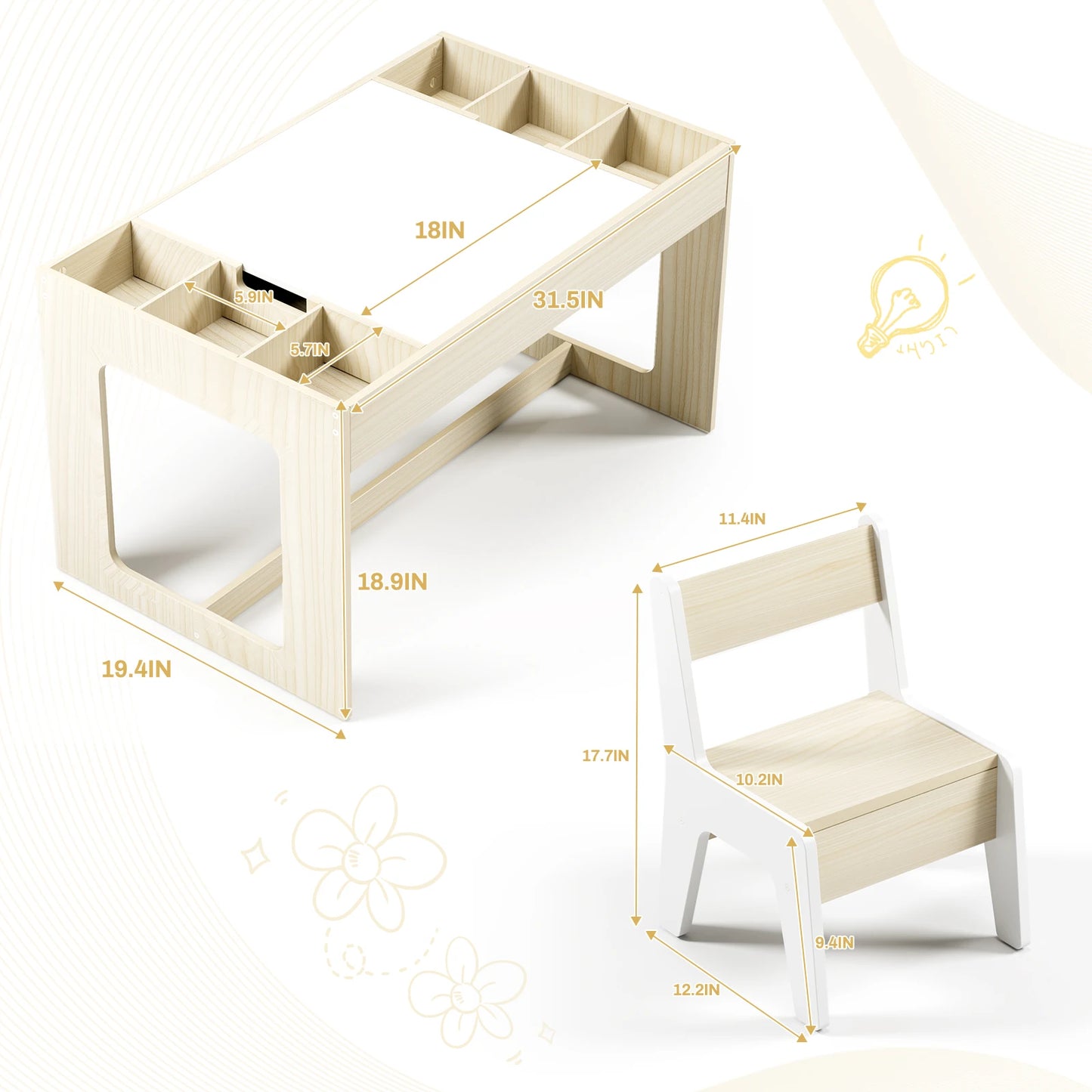 AuAg Wooden Toddler Table And Chairs Set With Storage
