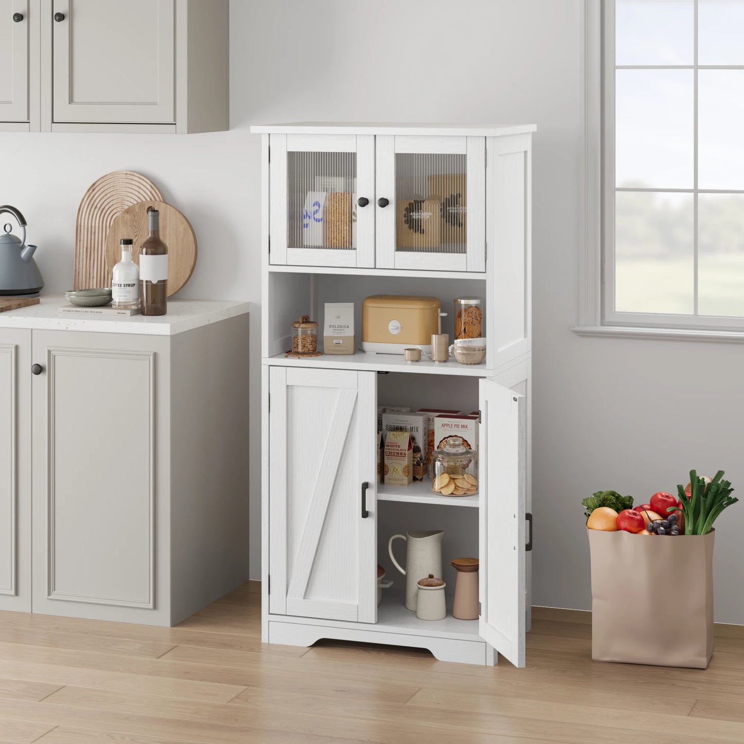 HobbyLane Free Standing Kitchen Pantry Cupboard With Tempered Glass Doors