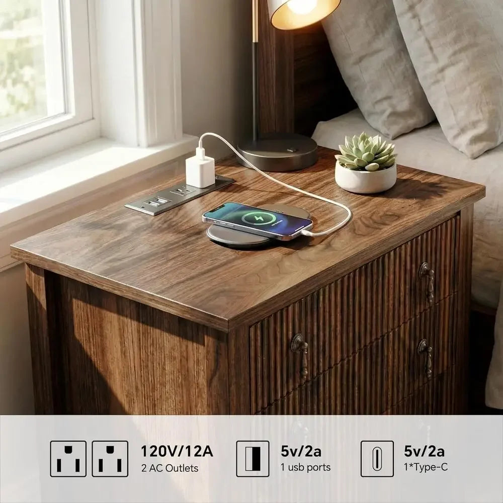 Set Of 2 Rustic Nightstands With Charging Station And Outlet
