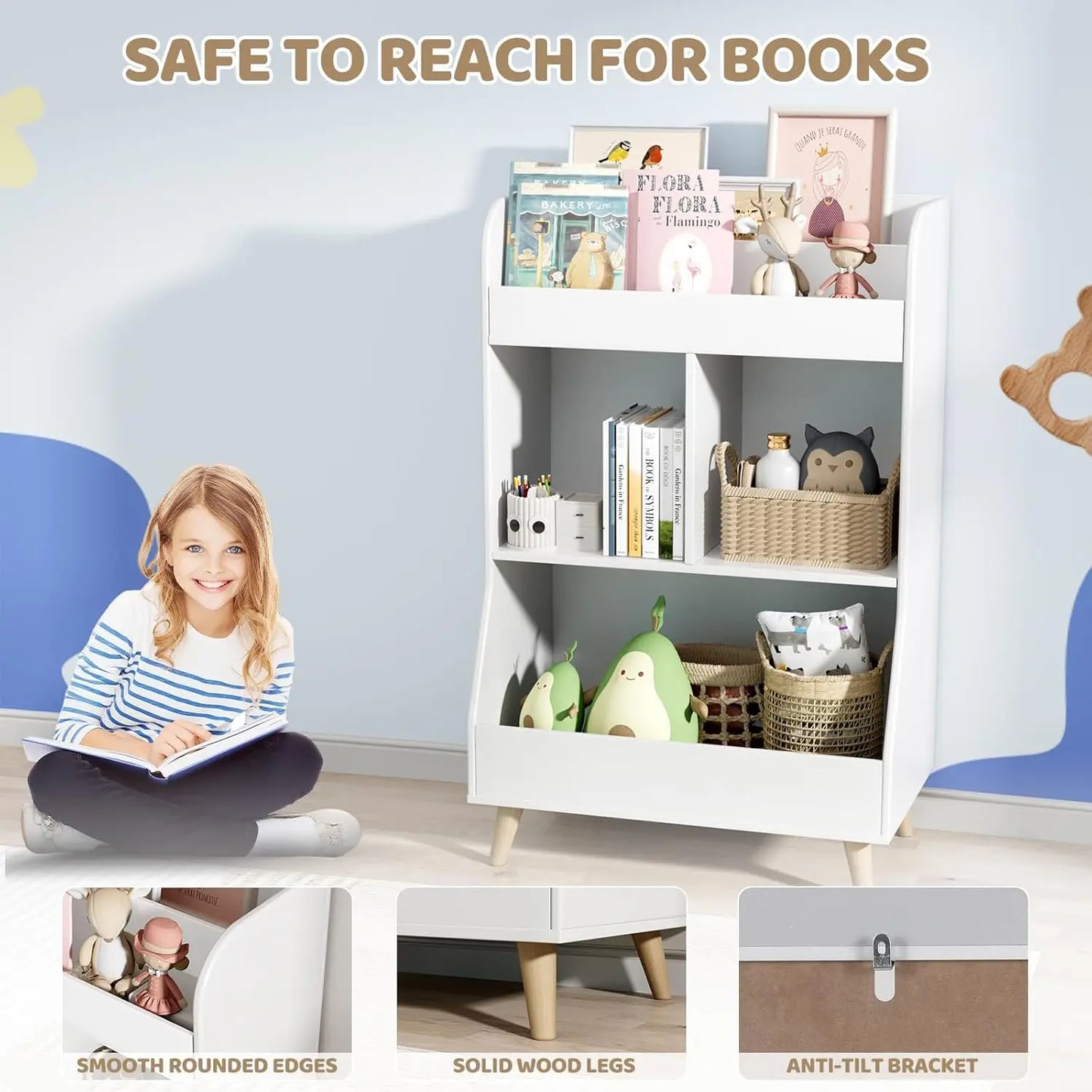 AuAg Kids Wooden Storage Unit With Bookshelf And Toy Organizer