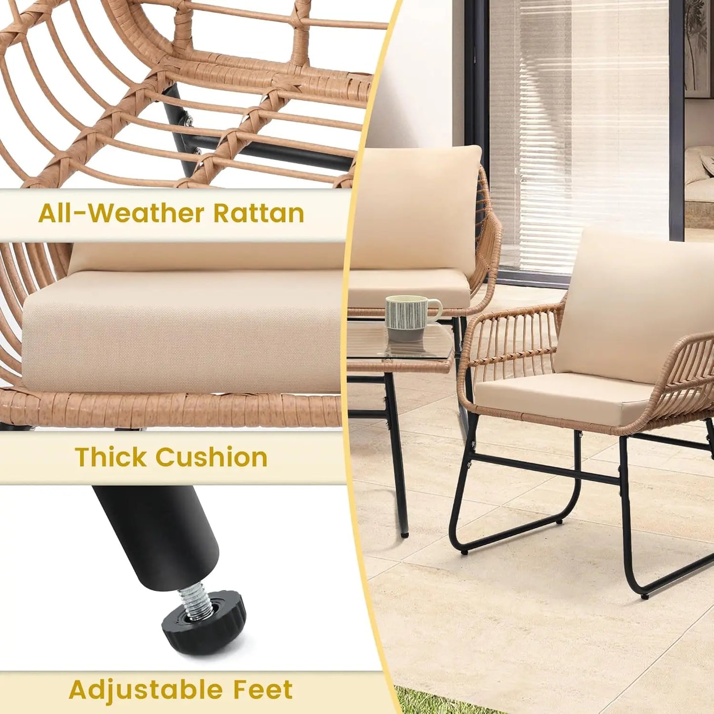 4 Piece Rattan Patio Bistro Set with Modern Style