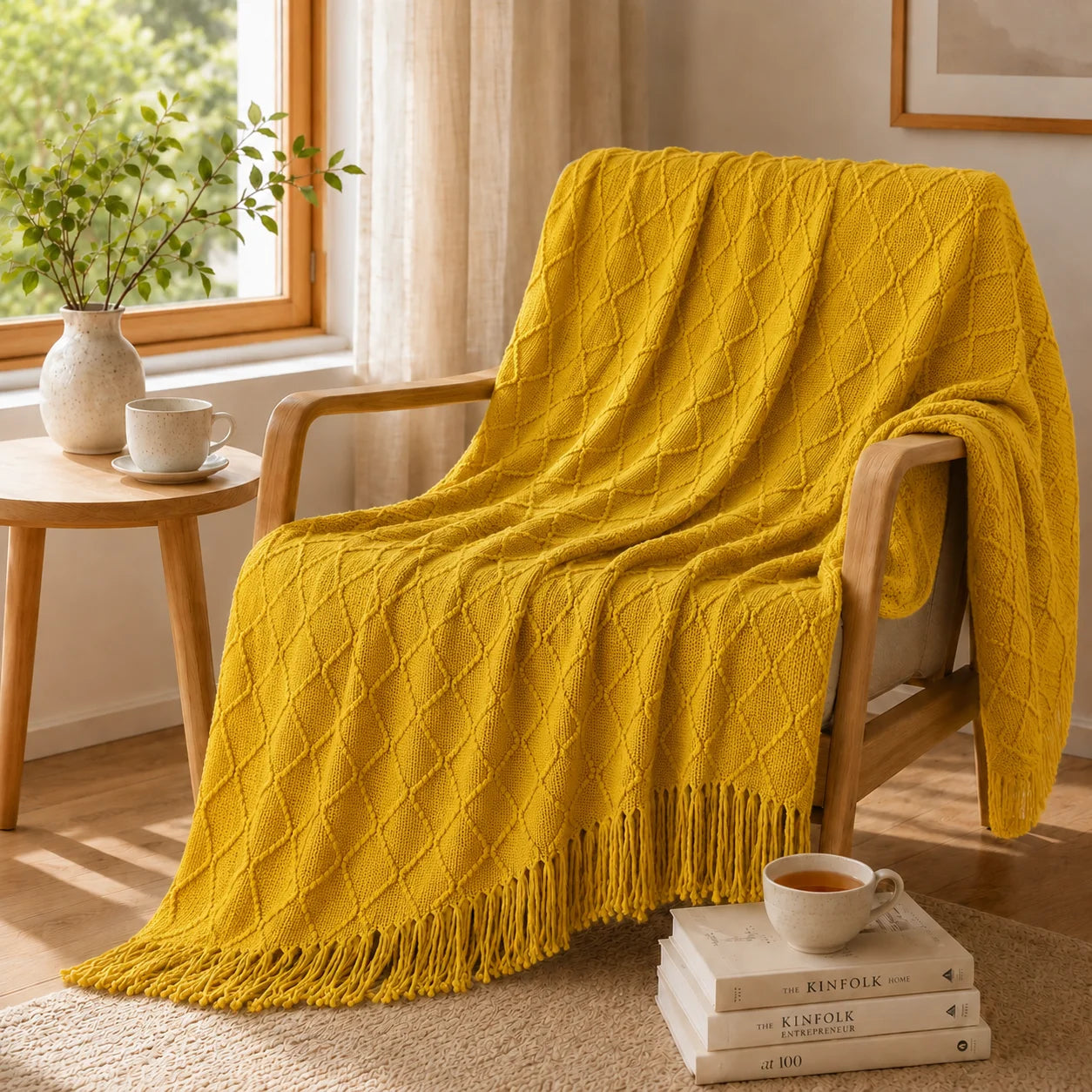 Textured Bobble Diamond Knit Throw Blanket Featuring Tassel Fringe