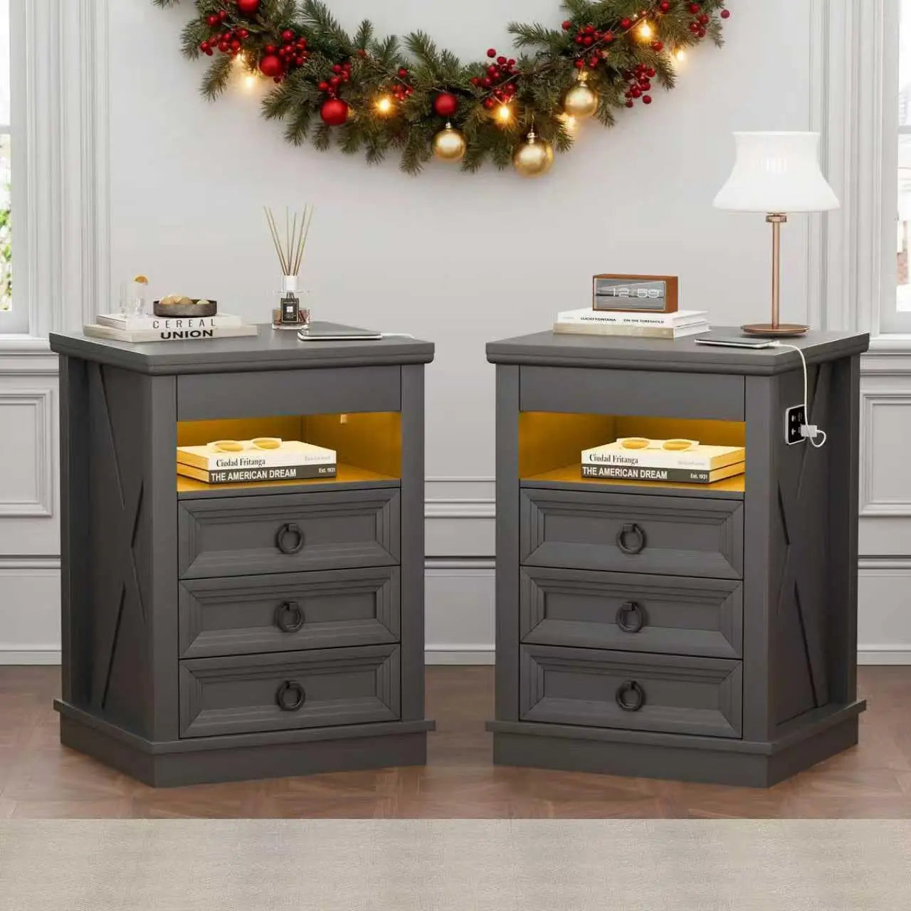Minimalist Wooden Nightstand Set With Integrated Led Lights And Charger