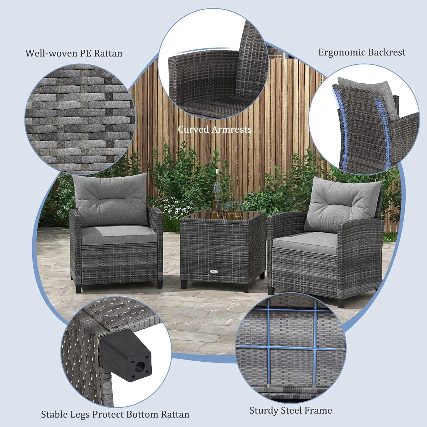 Three Piece Outdoor PE Rattan Patio Set With Glass Tabletop