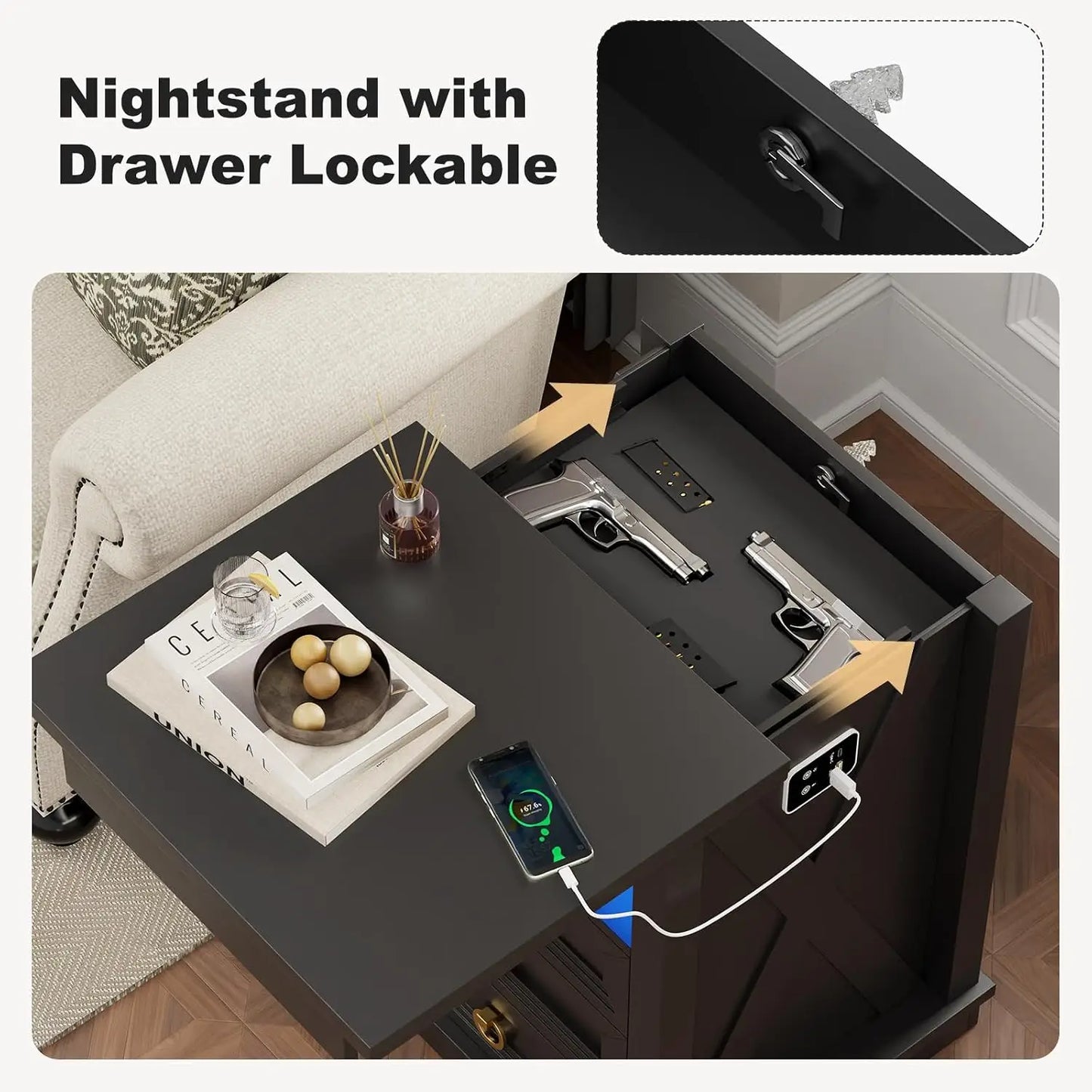 Minimalist Wooden Nightstand Set With Integrated Led Lights And Charger