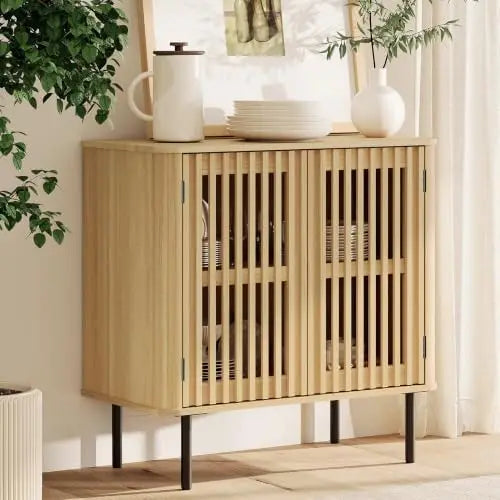 Mid Century Fluted Sideboard Buffet Cabinet With Solid Wood Storage