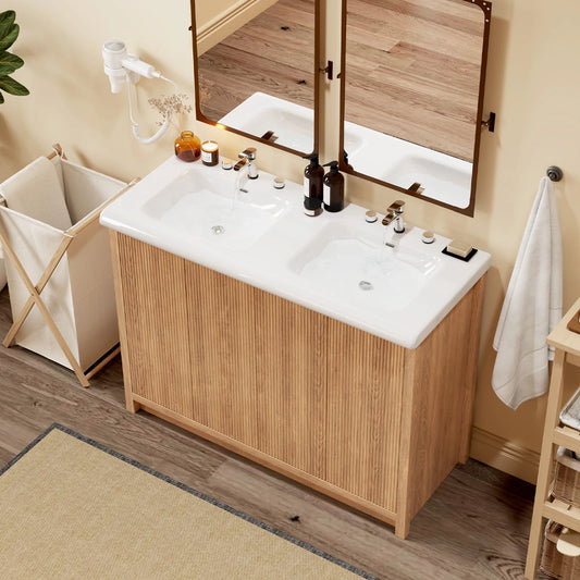Teousev Double Sink Bathroom Vanity With Wood Grain Storage Cabinet