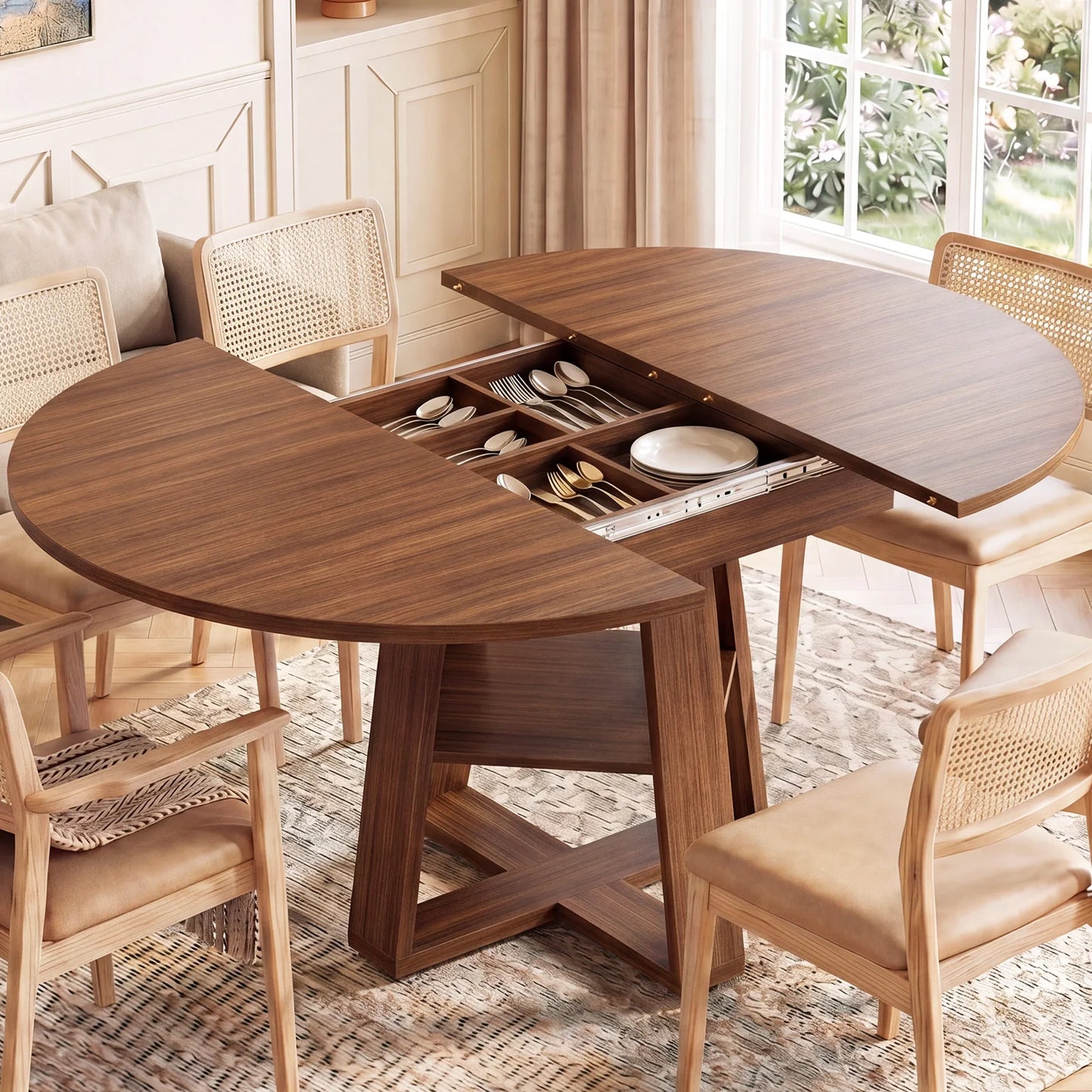 JHK Extendable Wood Dining Table With Storage Shelf Pedestal Base