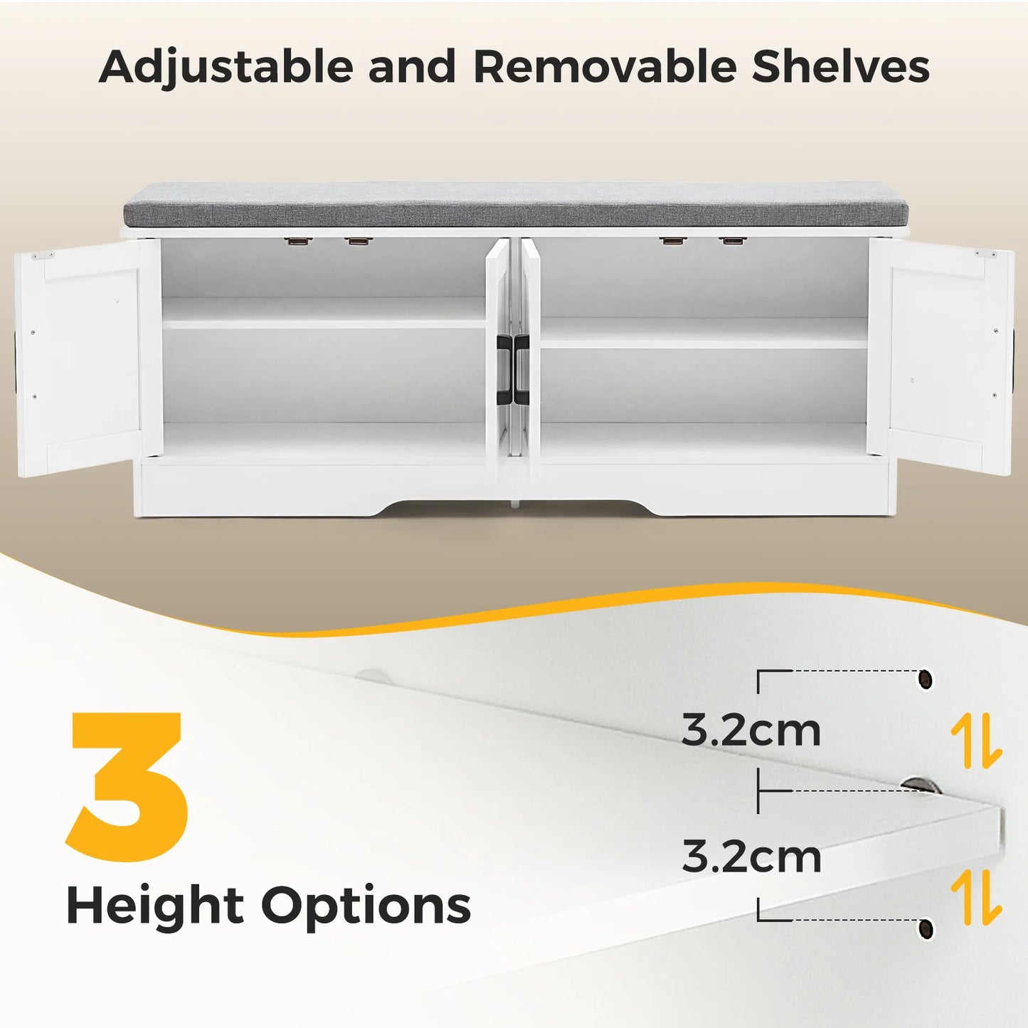 JHK Two Door Entryway Storage Bench With Padded Seat Cushion