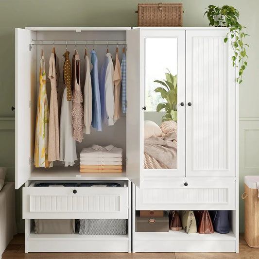Wood Armoire Wardrobe Closet With Mirror Doors And Drawer