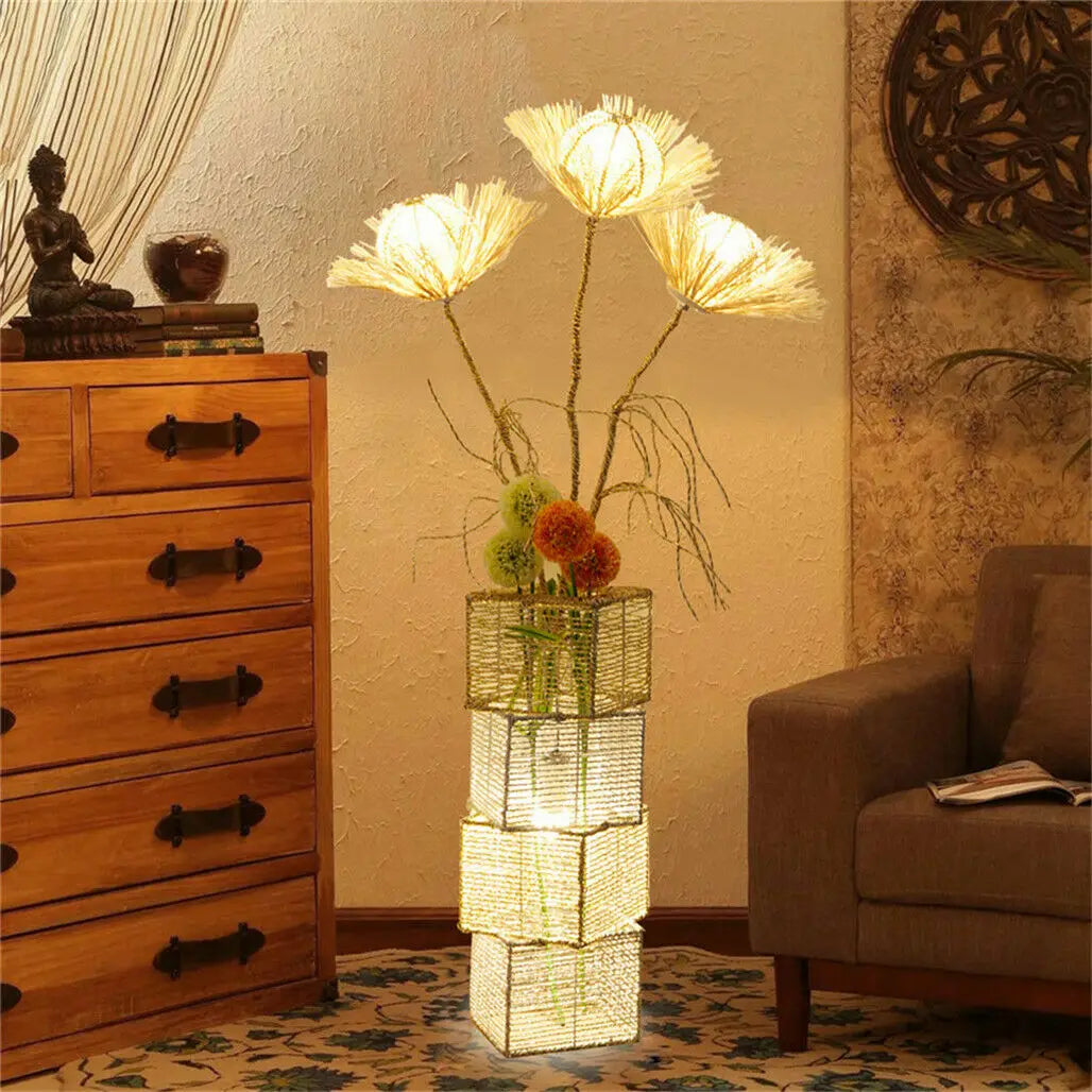Modern Rattan Floor Lamp Dimmable with LED Bulbs Living Room