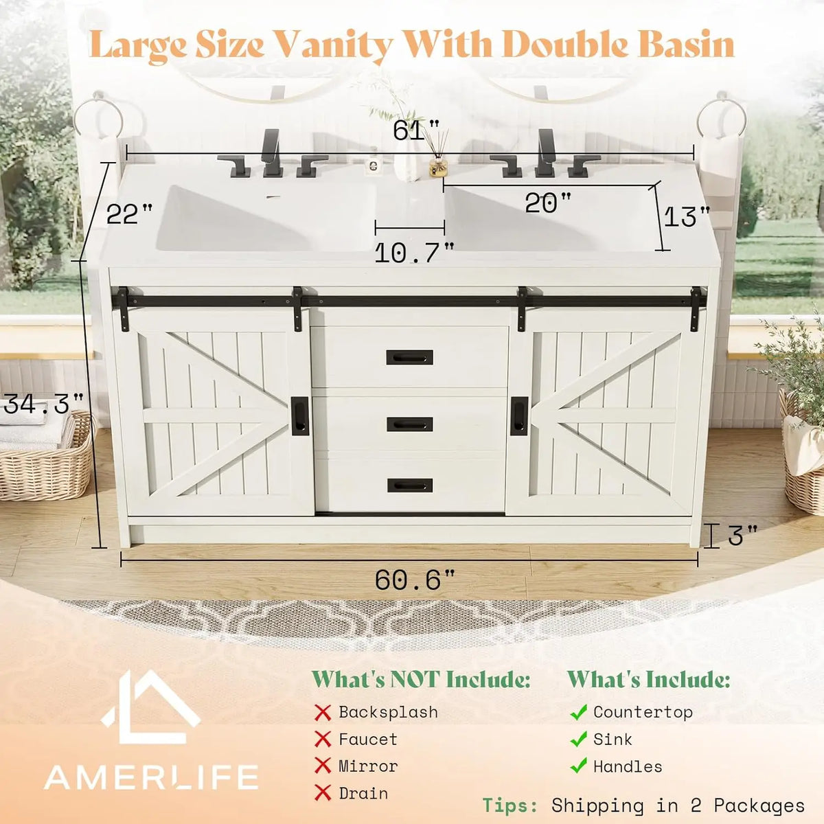 Farmhouse Double Sink Bathroom Vanity With Sliding Barn Doors