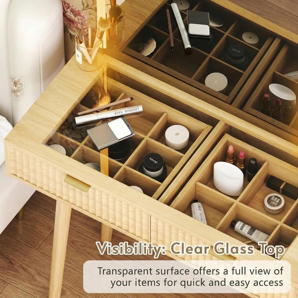 Fluted Boho Vanity Desk With Led Mirror And Charging Station