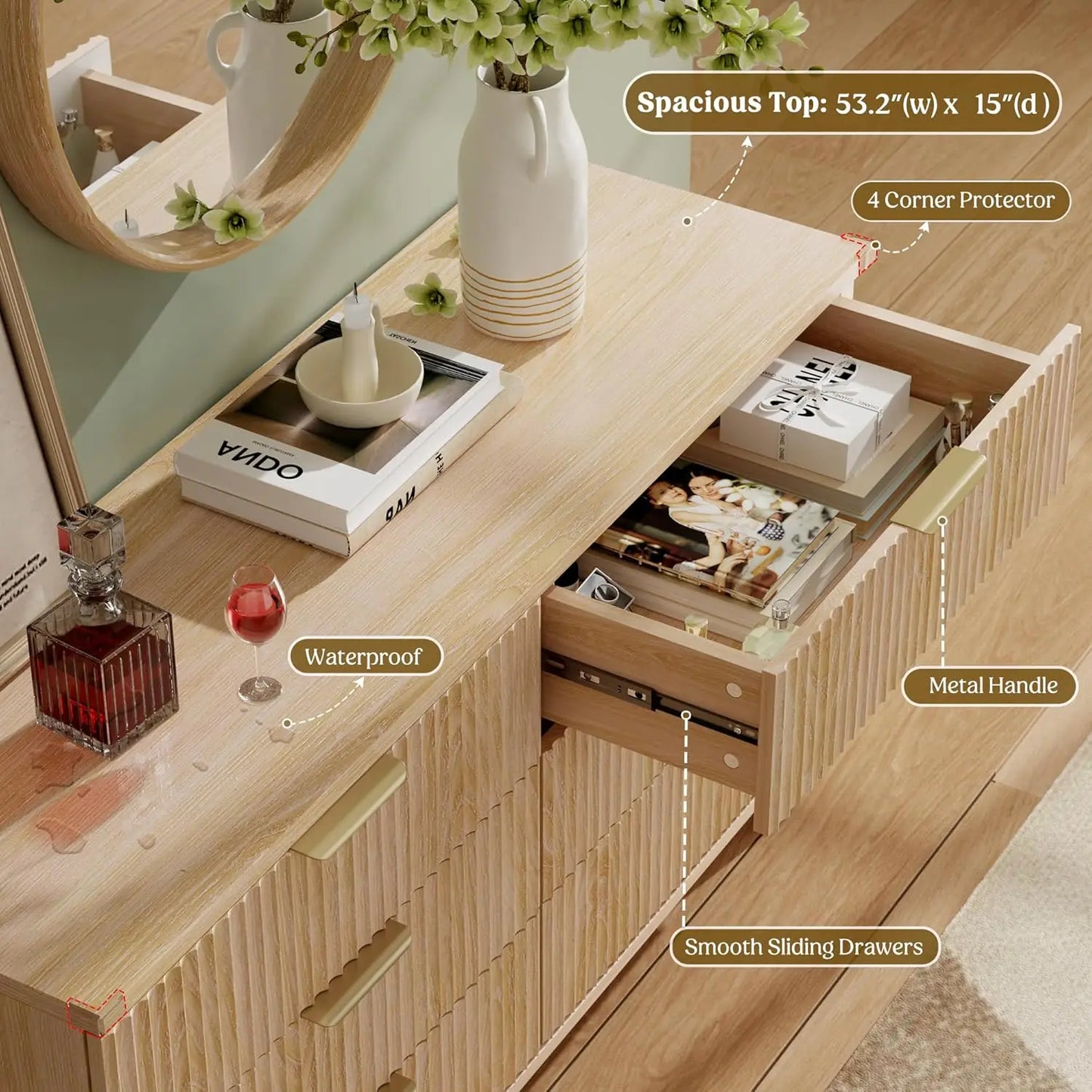 Wood Dresser for Bedroom Fluted Modern Chest of Drawers 6 Drawers