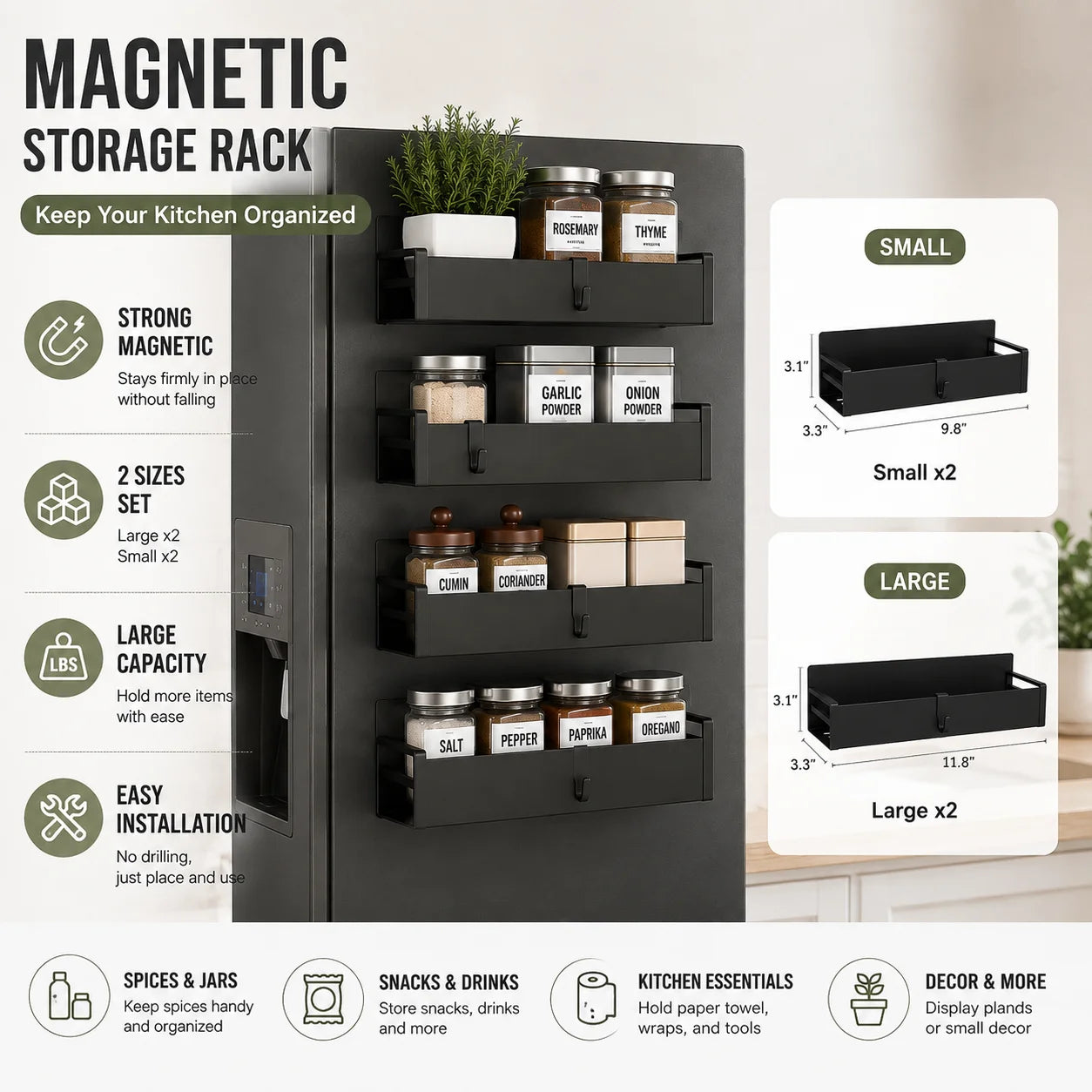Magnetic Stainless Steel Fridge Spice Rack Organizer Set With Hooks