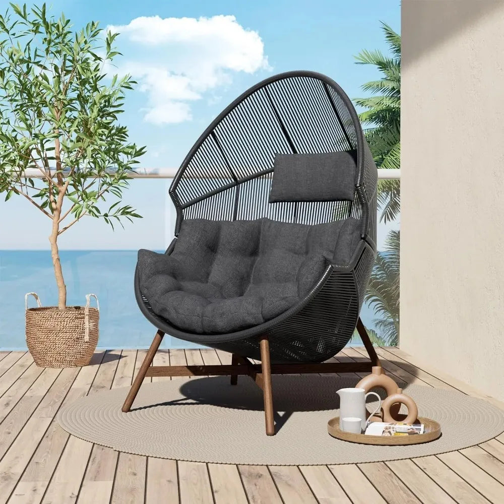 Outdoor Egg Chair With PE Wicker Wood Grain Finish Cushion