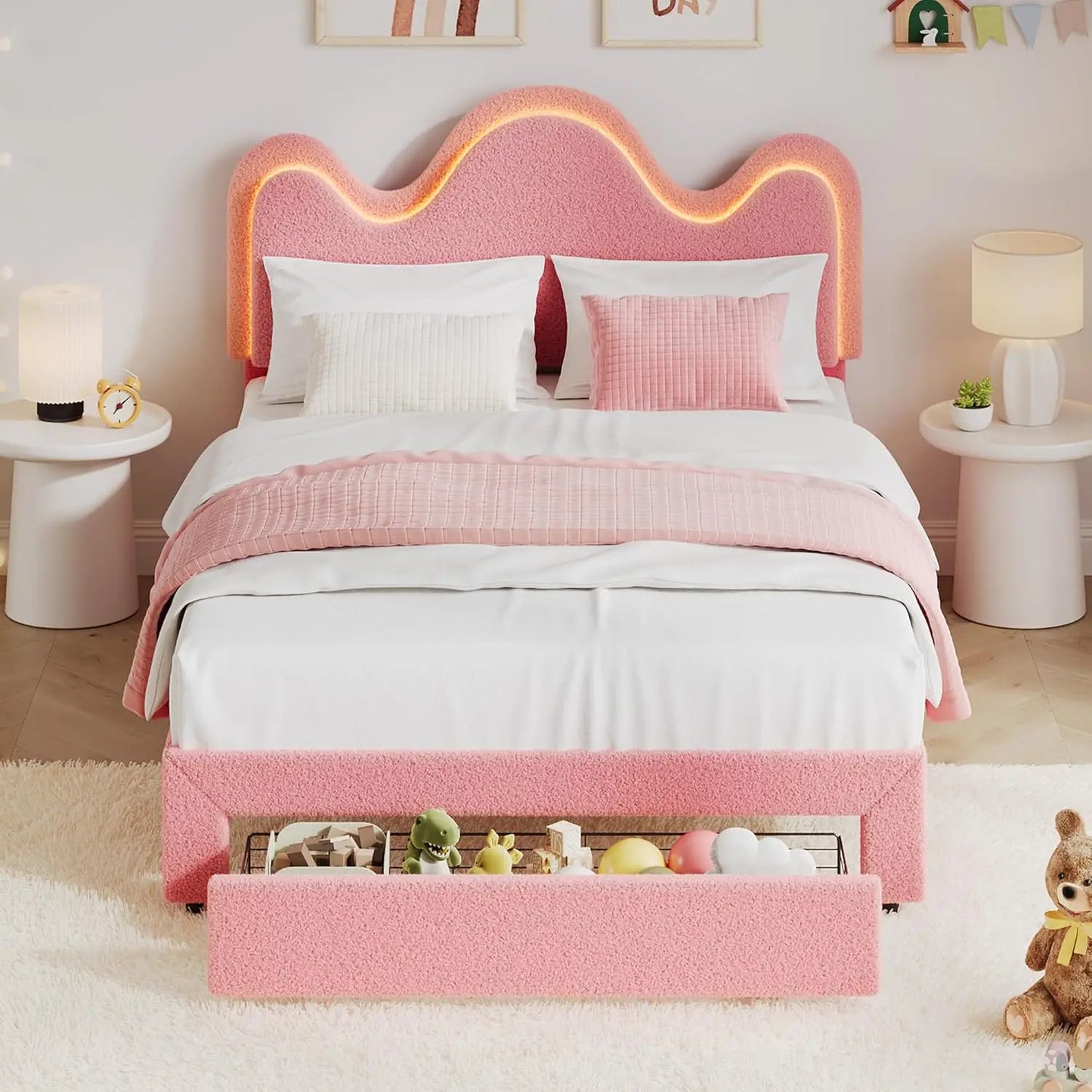 Studyset Boucle Princess Bed Frame With LED Headboard And Storage