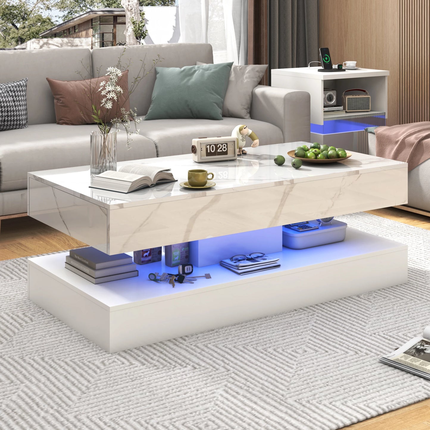 QiaoShiRen Modern LED Coffee Table With Dual Storage Drawers