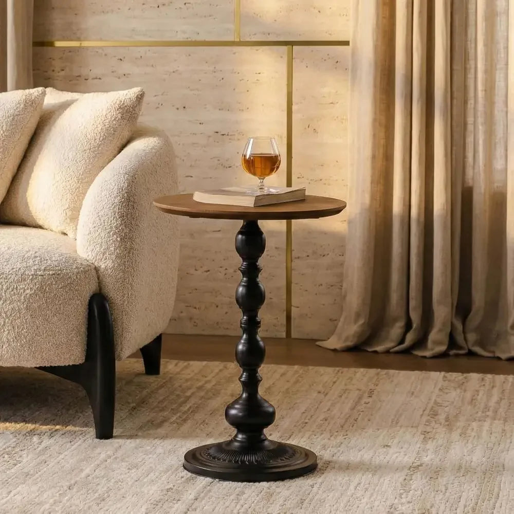 Round End Table With Wood Top And Black Pedestal Base