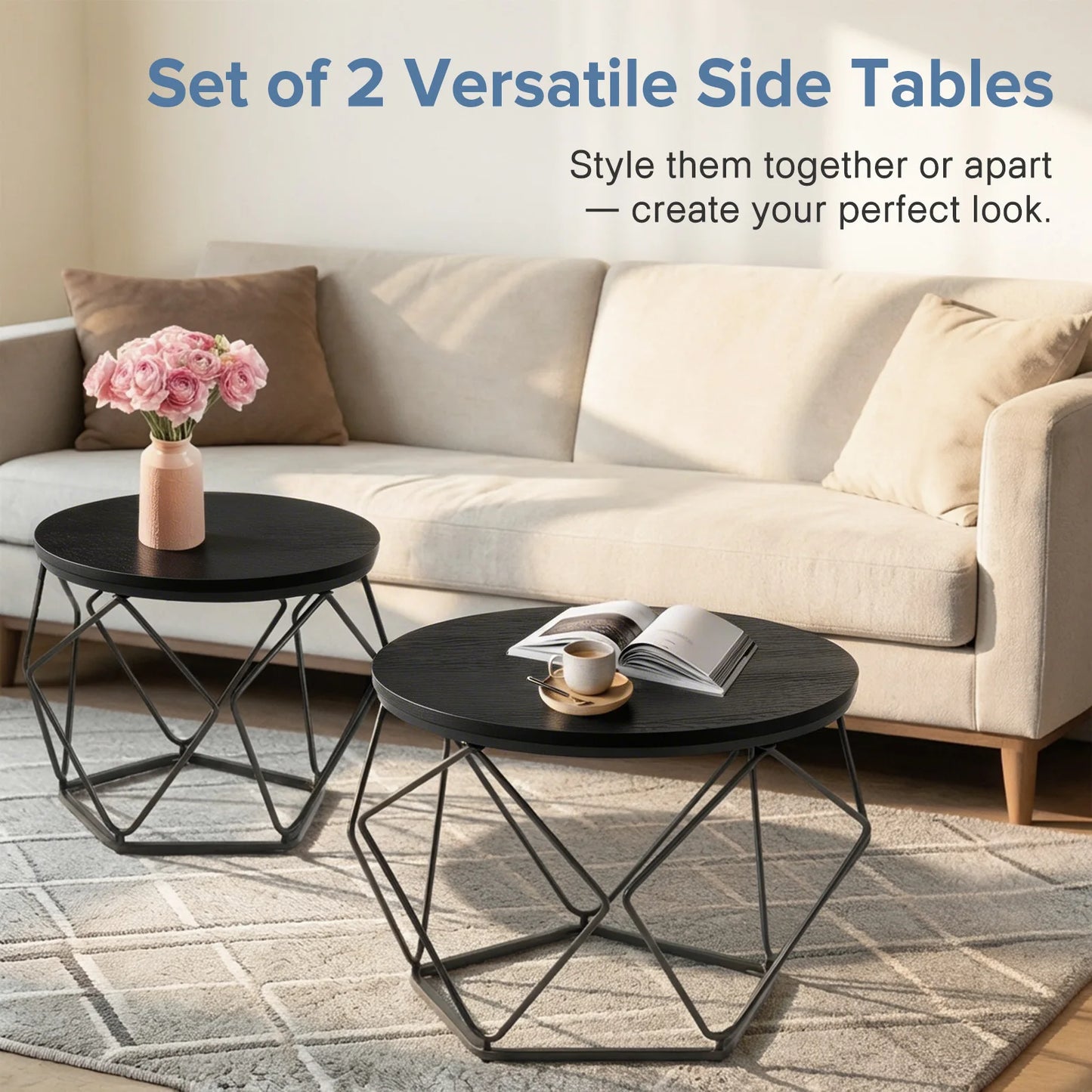 JHK Round Geometric Coffee Tables Set With Hidden Storage