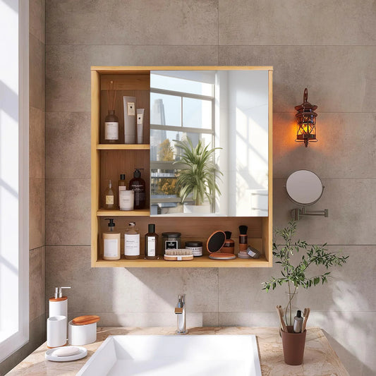 Wall Mounted Bamboo Bathroom Medicine Cabinet With Five Tier Storage