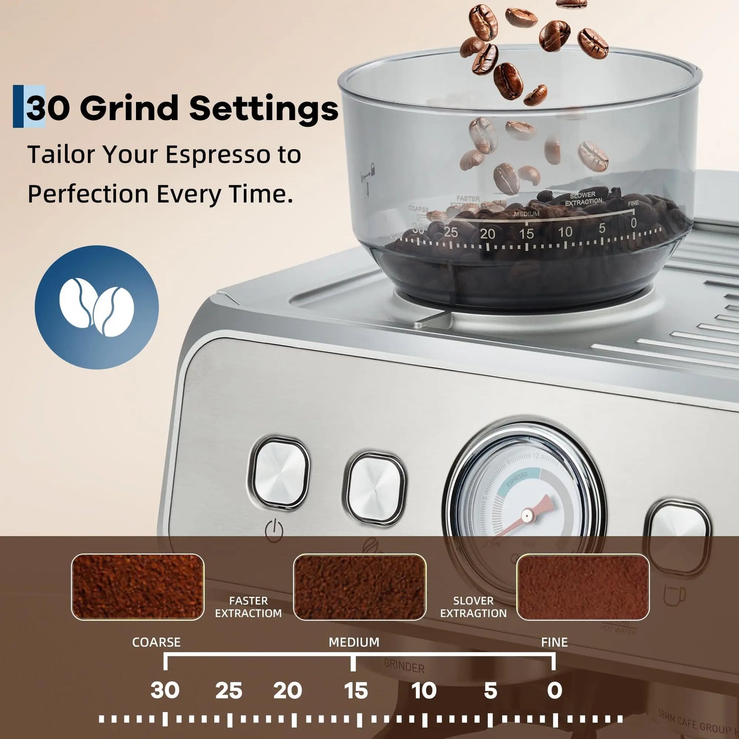 HiMISS Stainless Steel Espresso Machine With Built In Grinder
