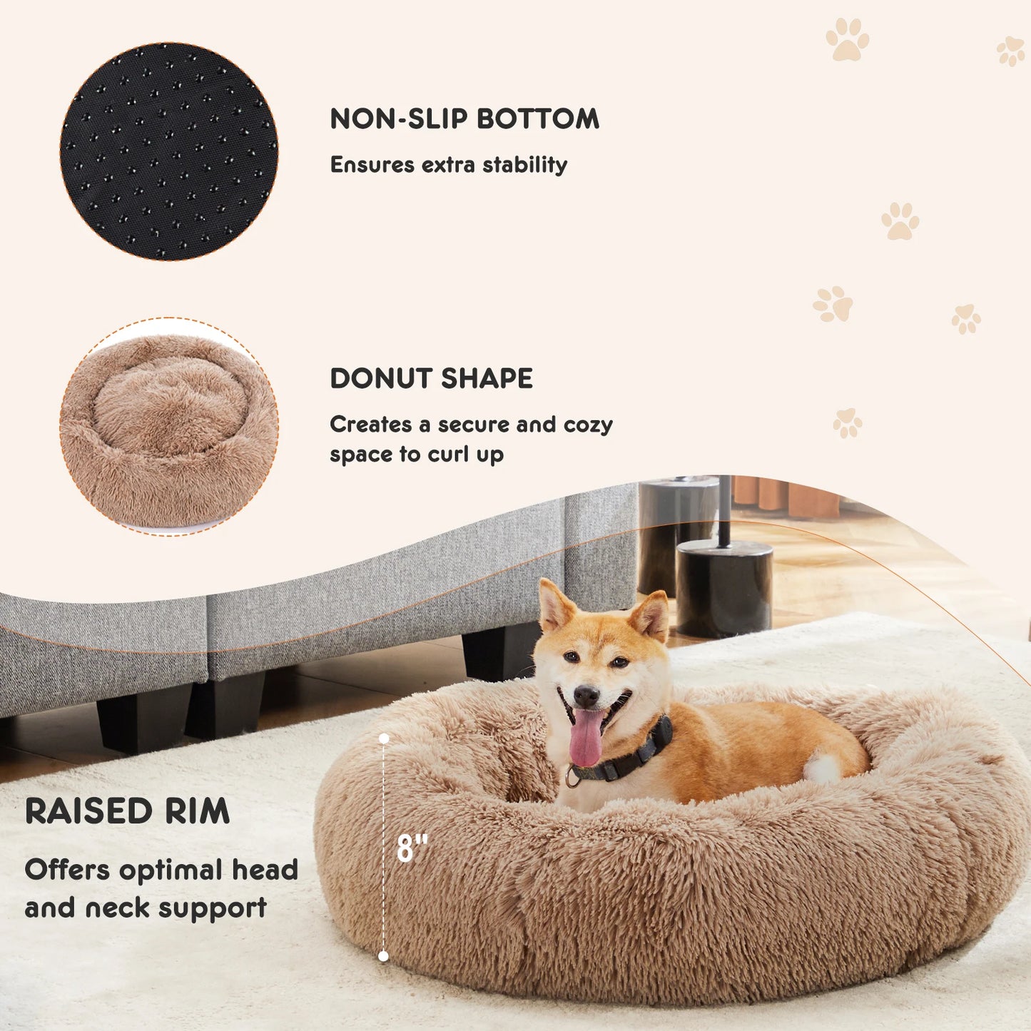 JHK Calming Dog Bed Round Plush Faux Fur Anti Slip Washable