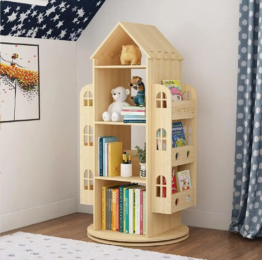 360-Degree Rotating Wooden Kids Bookshelf With Storage