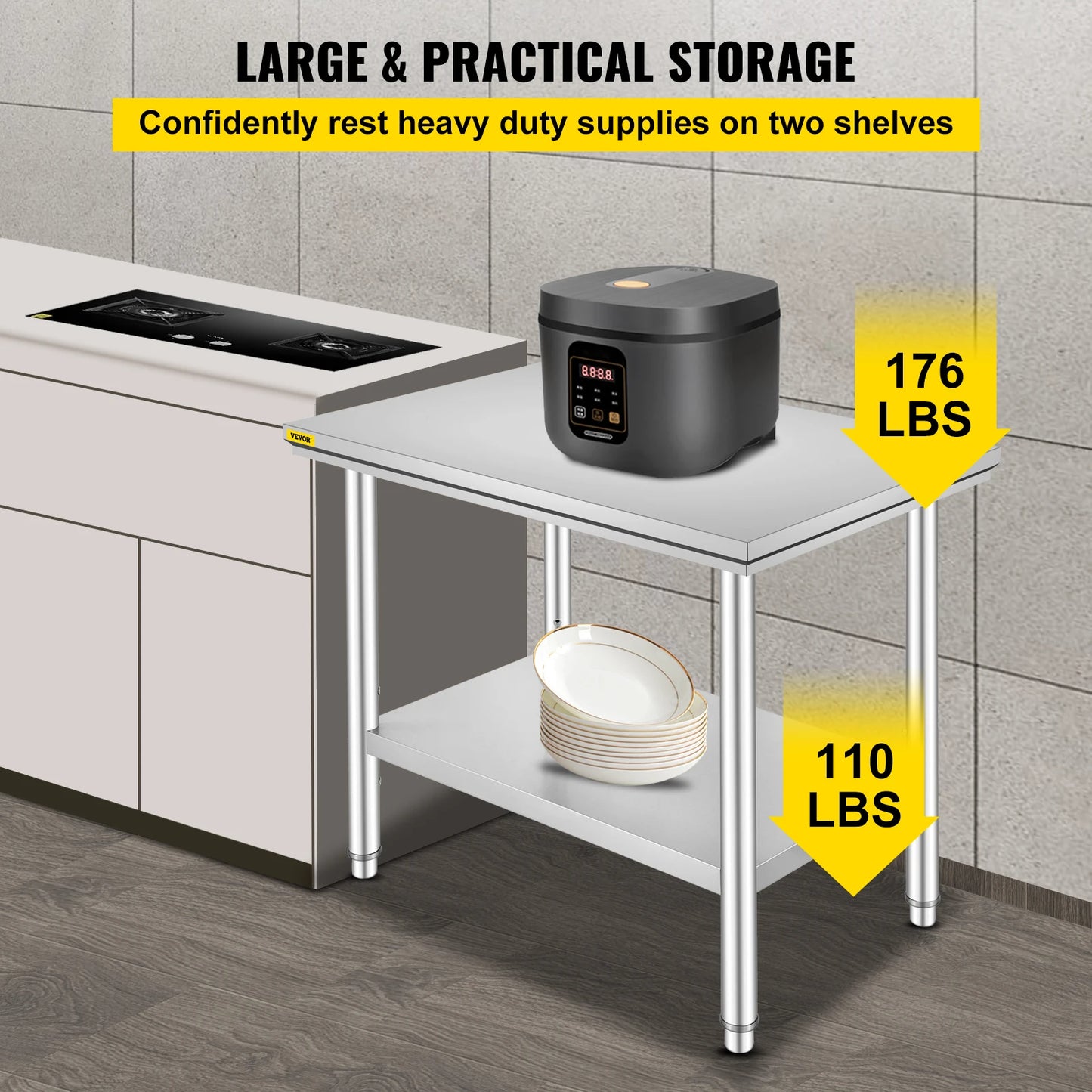 Commercial Kitchen Work Bench With Undershelf Stainless Steel 330LBS