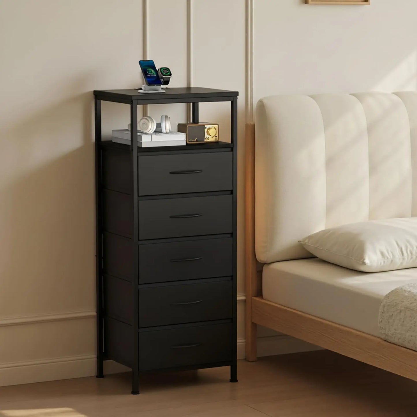 JHK Modern 5 Fabric Drawer Dresser With Charging Station