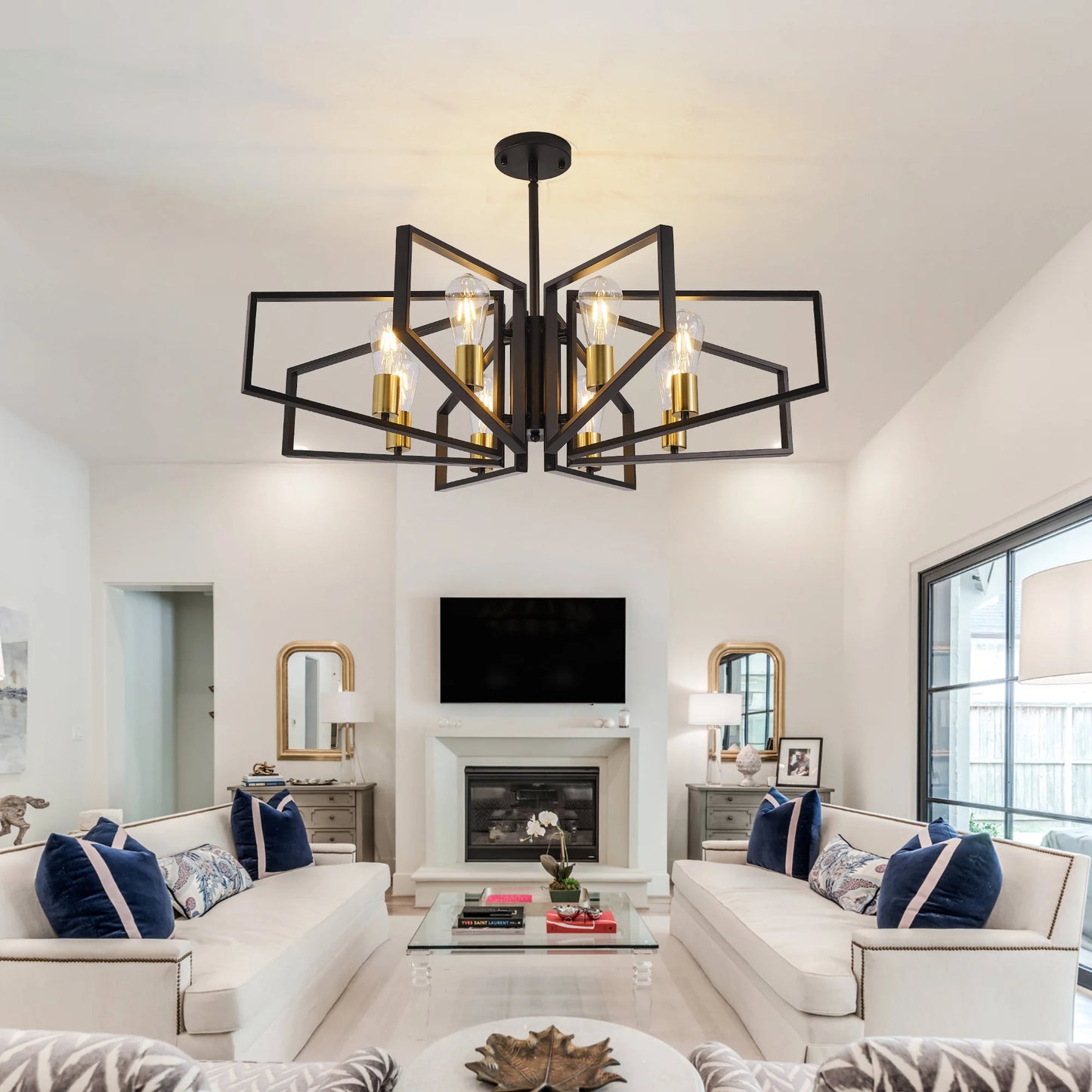 Eight Light Geometric Chandelier With Adjustable Height Metal Pendant