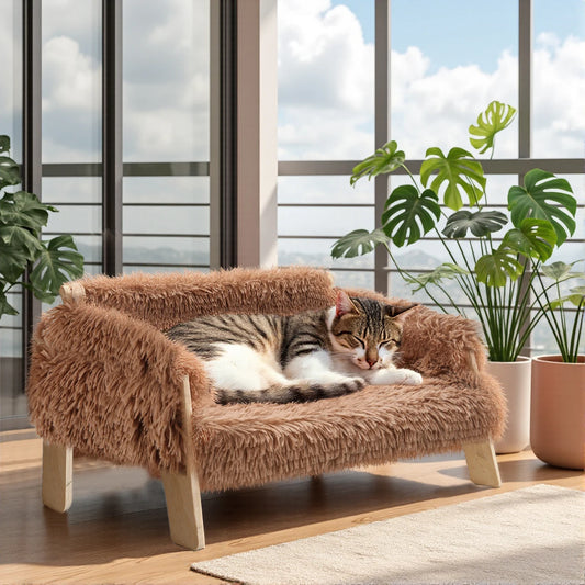 Raised Plush Cat Sofa Bed With Wooden Legs For Cats