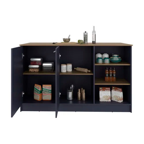 Solid Wood Kitchen Island Featuring Double Doors And Ample Shelving