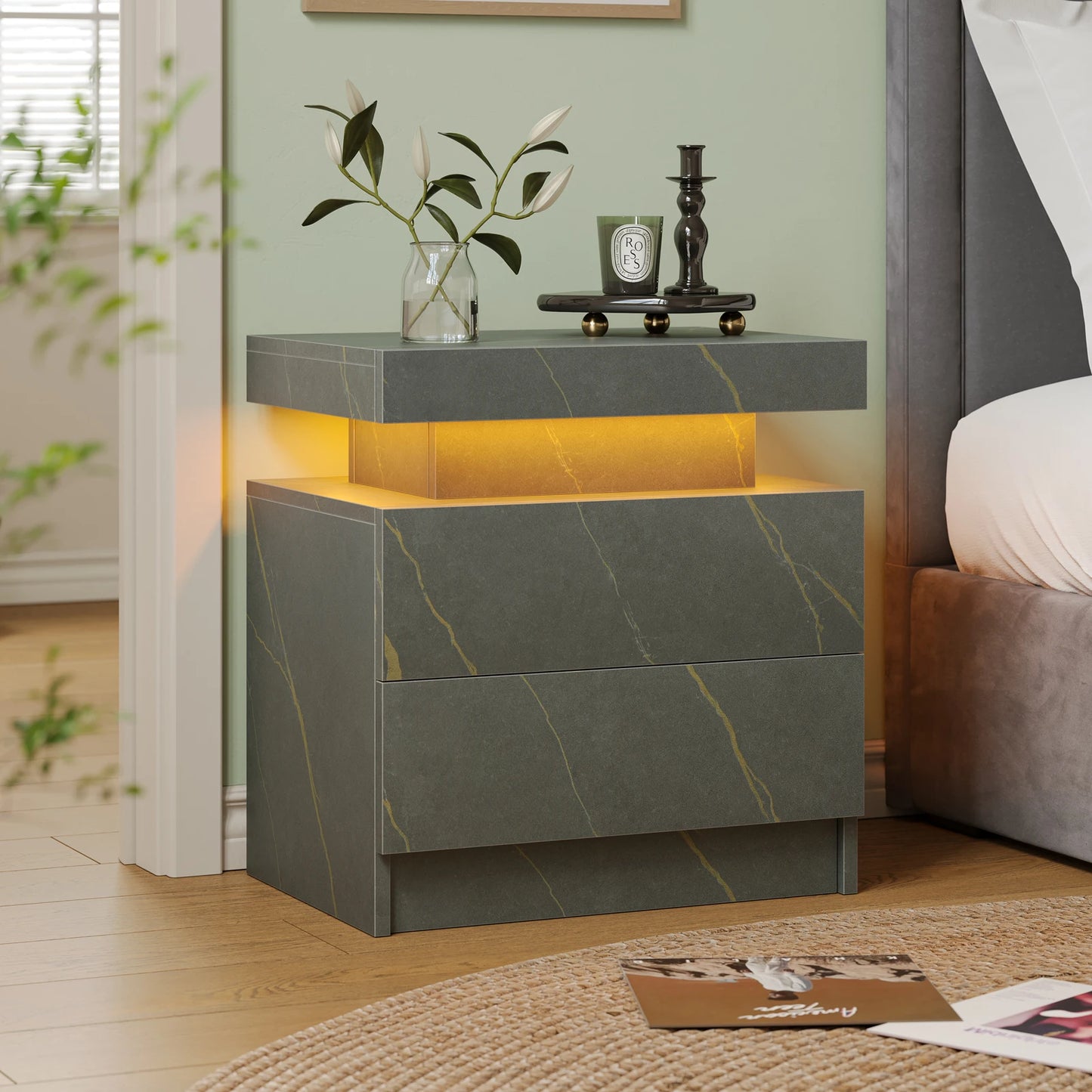 Cubehom LED Nightstand With 2 Drawers And RGB Accent Lighting