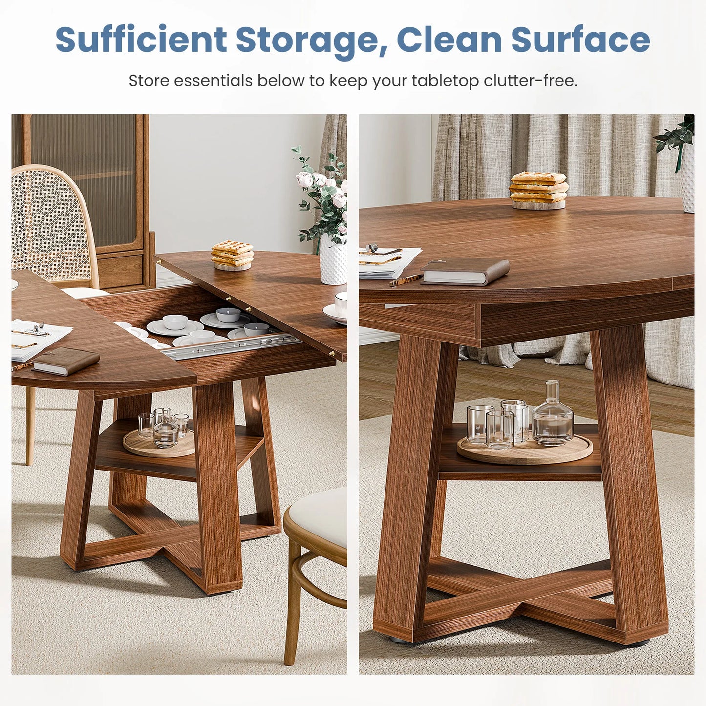 JHK Extendable Wood Dining Table With Storage Shelf Pedestal Base