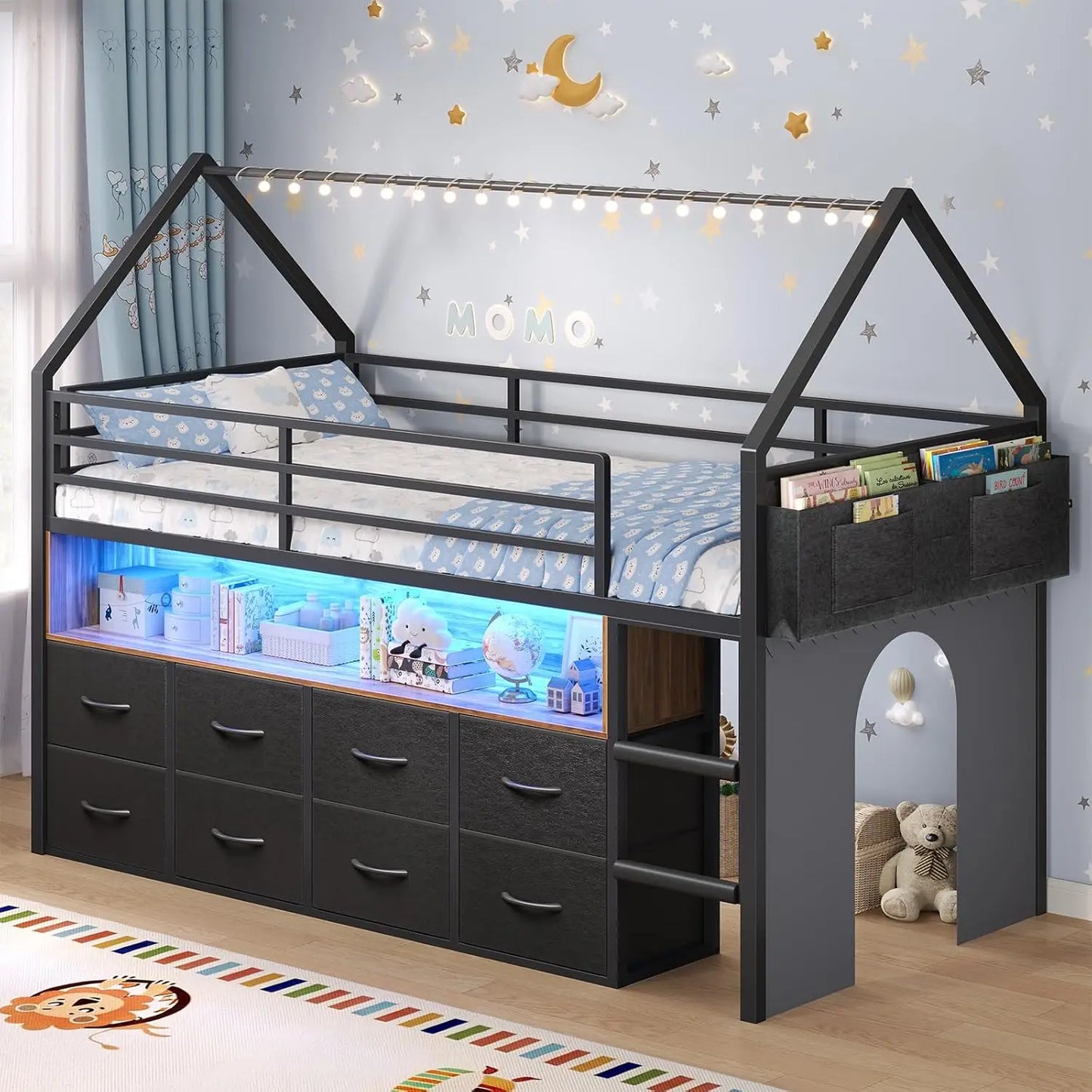 Loft Bed For Kids With Storage Drawers And LED Lights