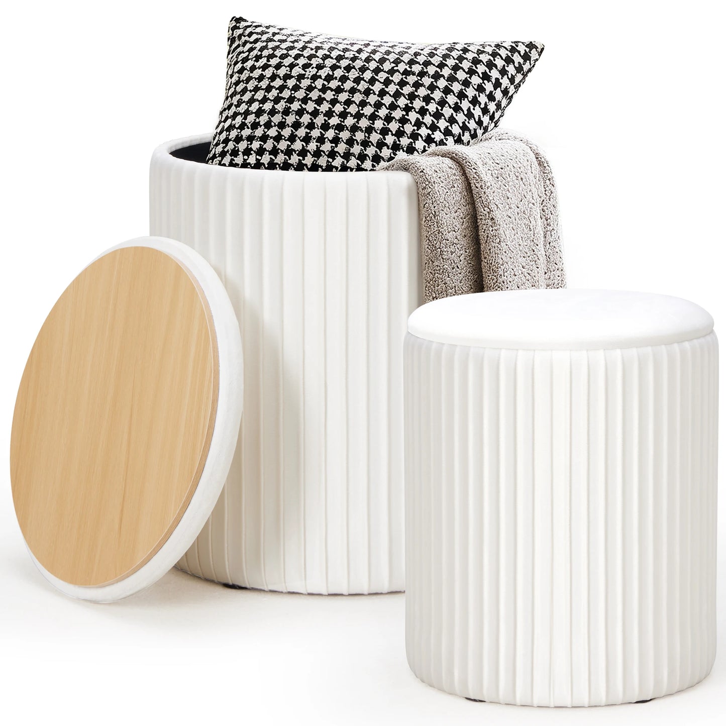 JHK Round Storage Ottoman With Hidden Footstool Toy Box