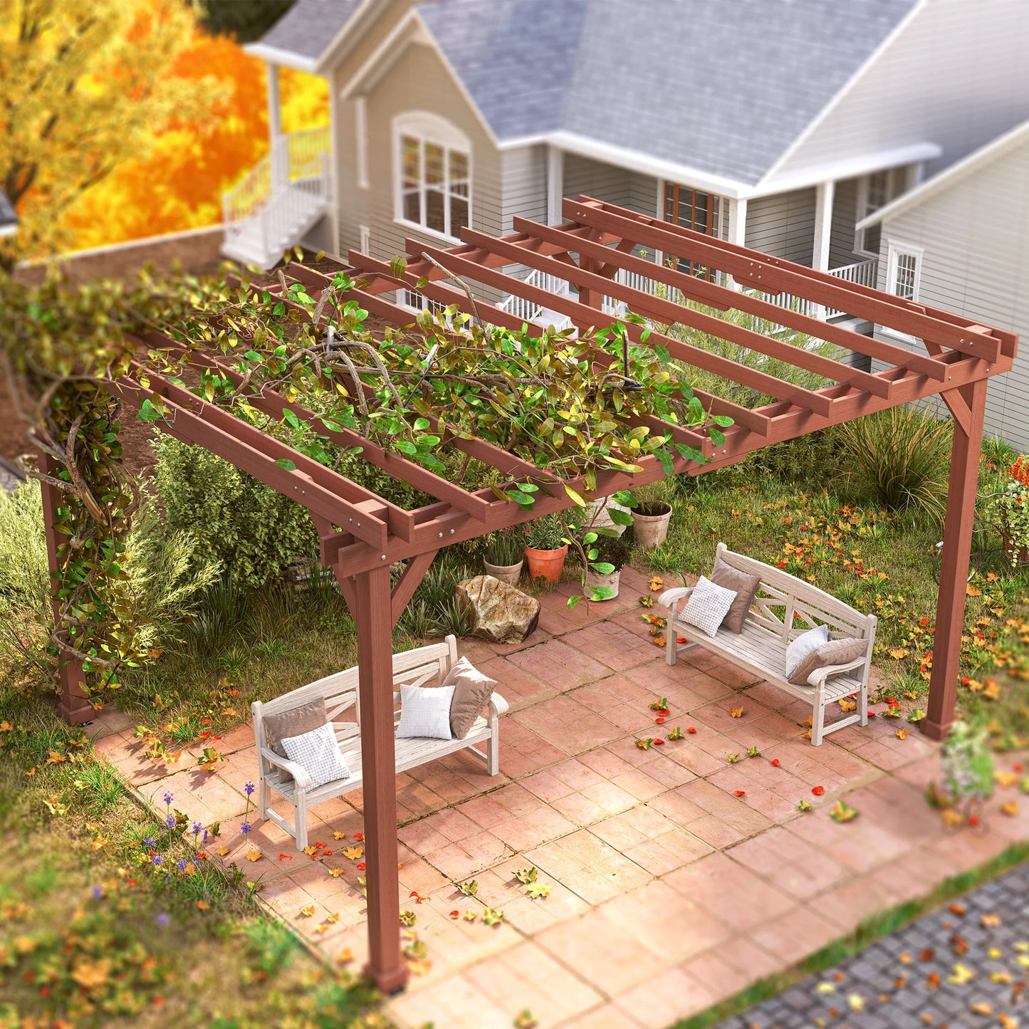 Outdoor Wood Pergola With Grape Trellis For Patio Oasis