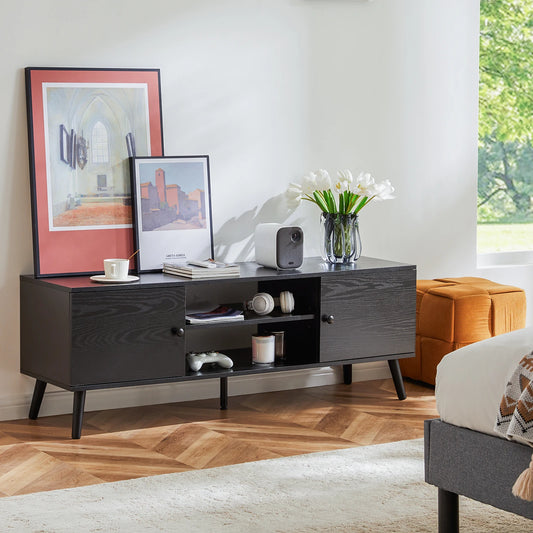 JHK Modern Wooden TV Stand With Adjustable Shelf Storage Console