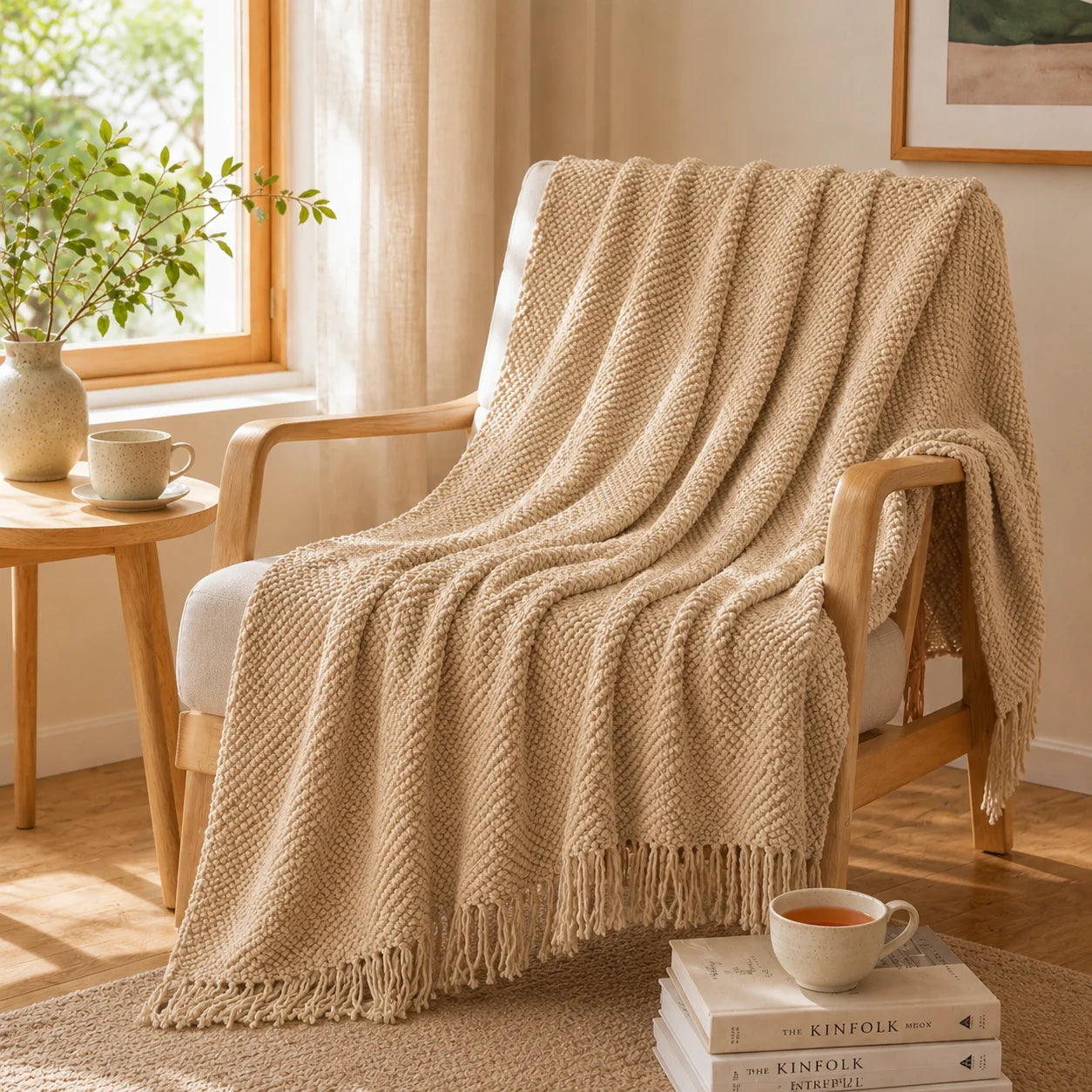 Textured Bobble Diamond Knit Throw Blanket Featuring Tassel Fringe