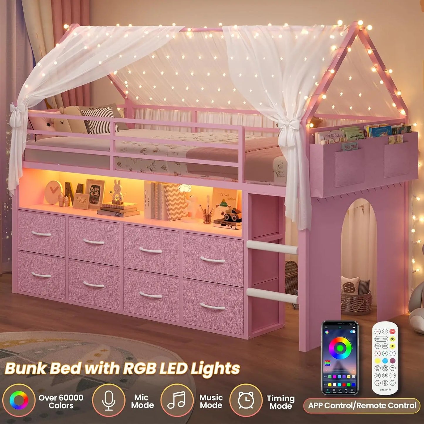 Loft Bed For Kids With Storage Drawers And LED Lights