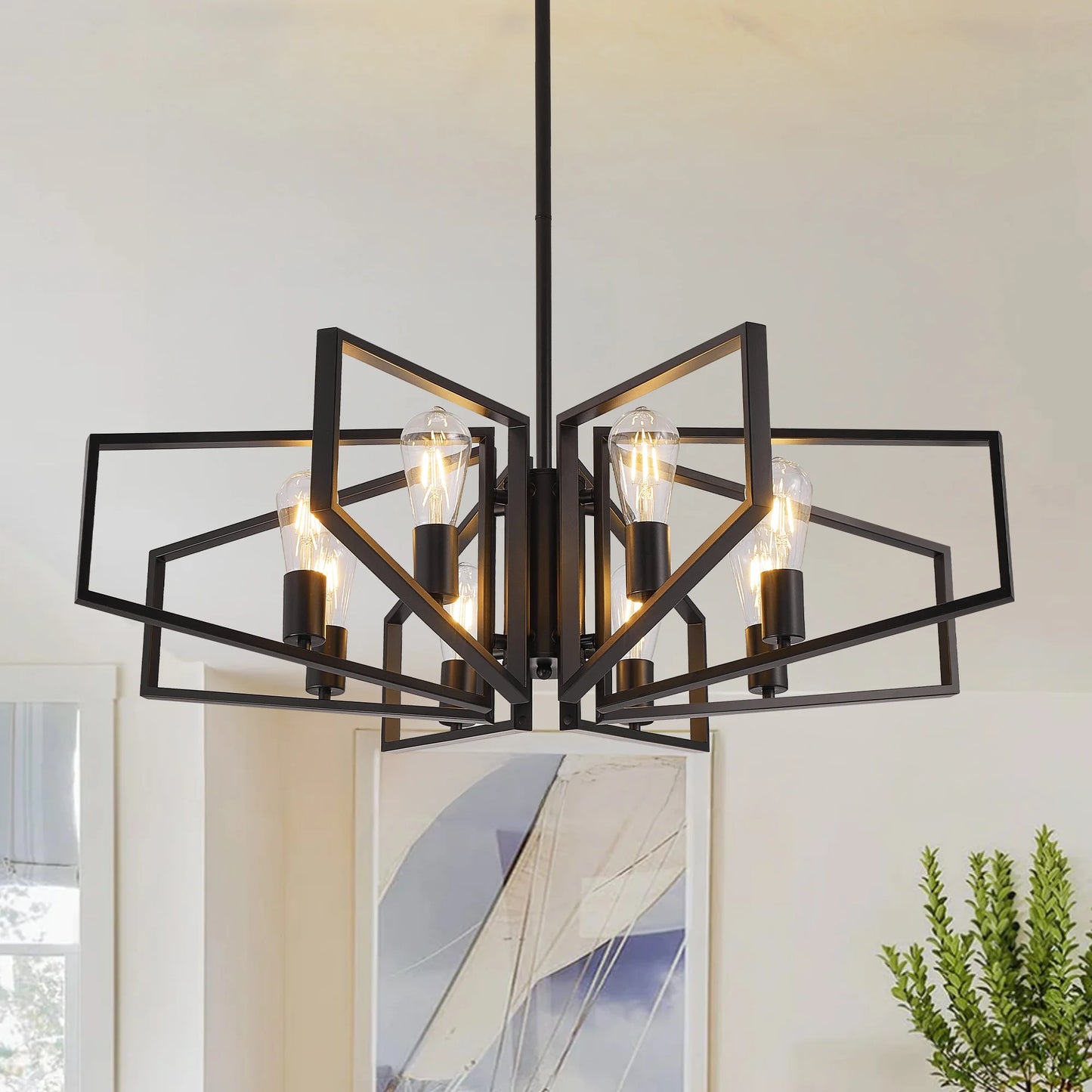 Eight Light Geometric Chandelier With Adjustable Height Metal Pendant