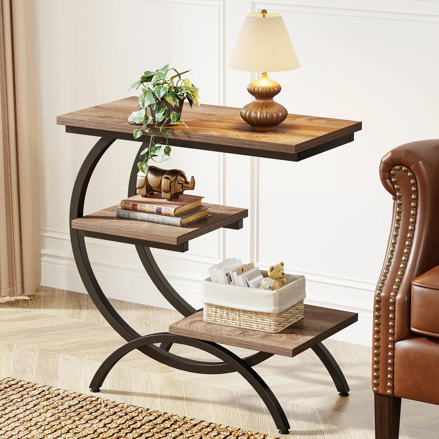 Tribesigns C Shaped End Table Industrial 3 Tier With Storage Shelves