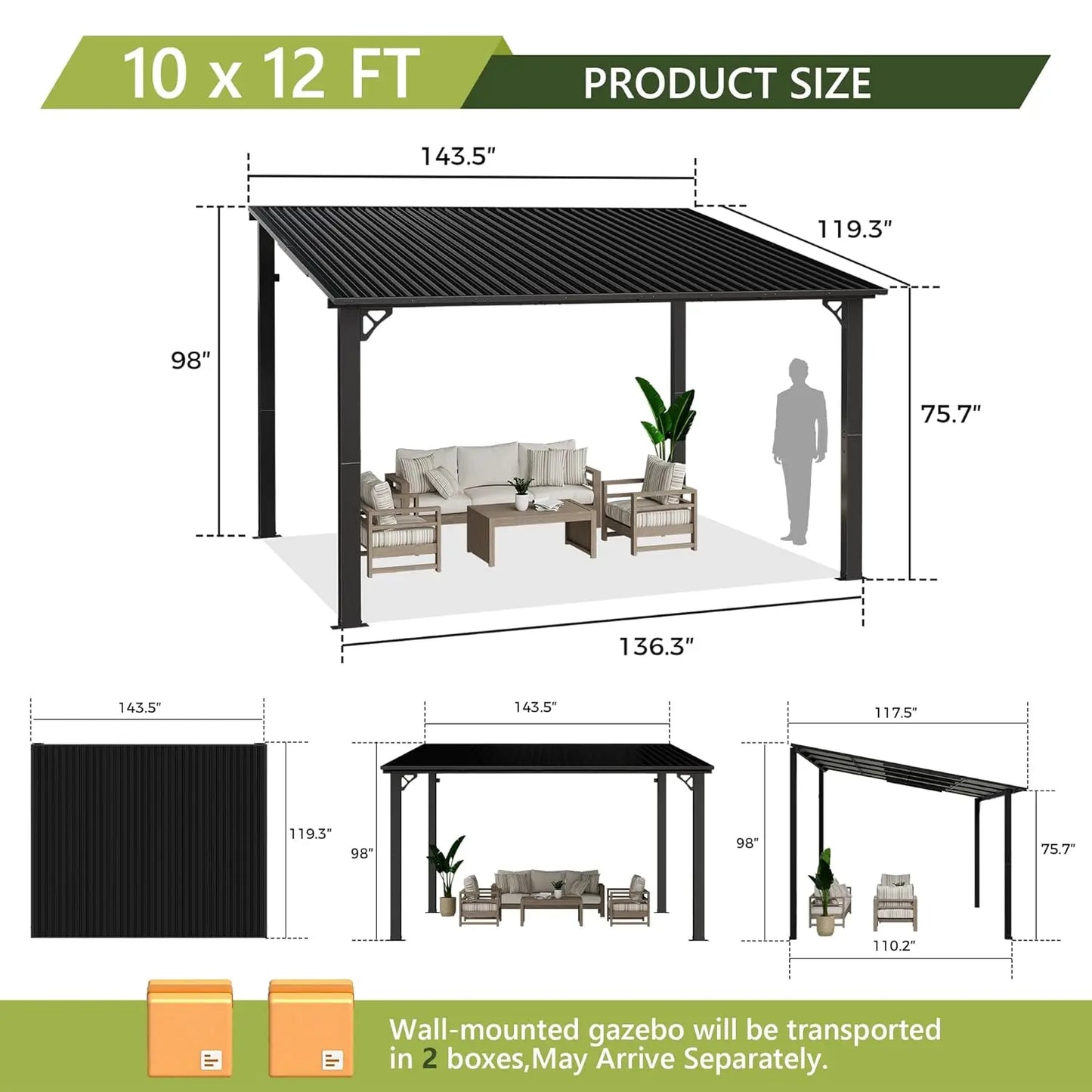 Lean To Gazebo With Hardtop Metal Roof For Backyard Deck