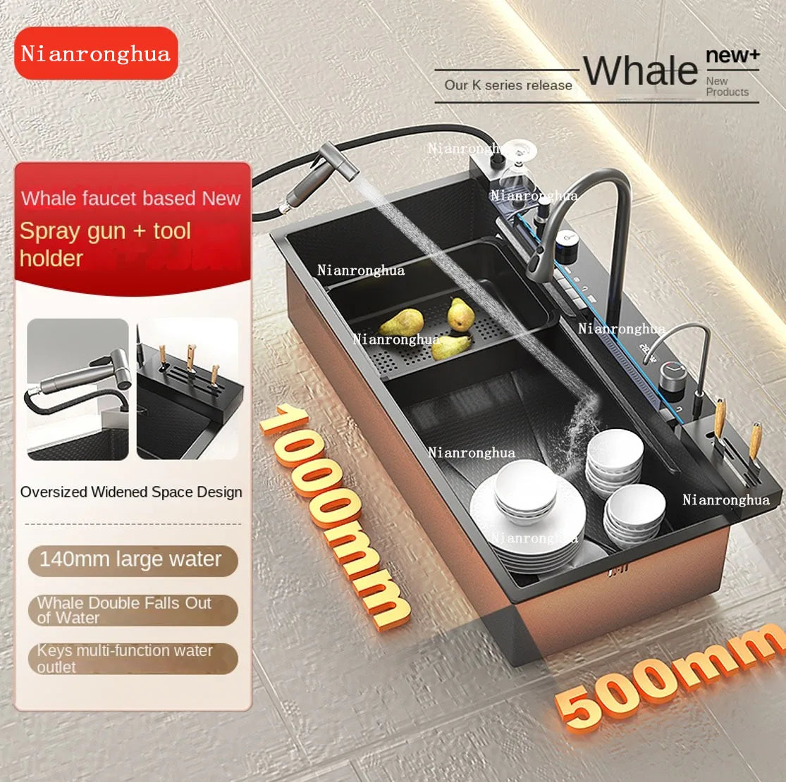 Nianronghua Stainless Steel Waterfall Kitchen Sink With Digital Display