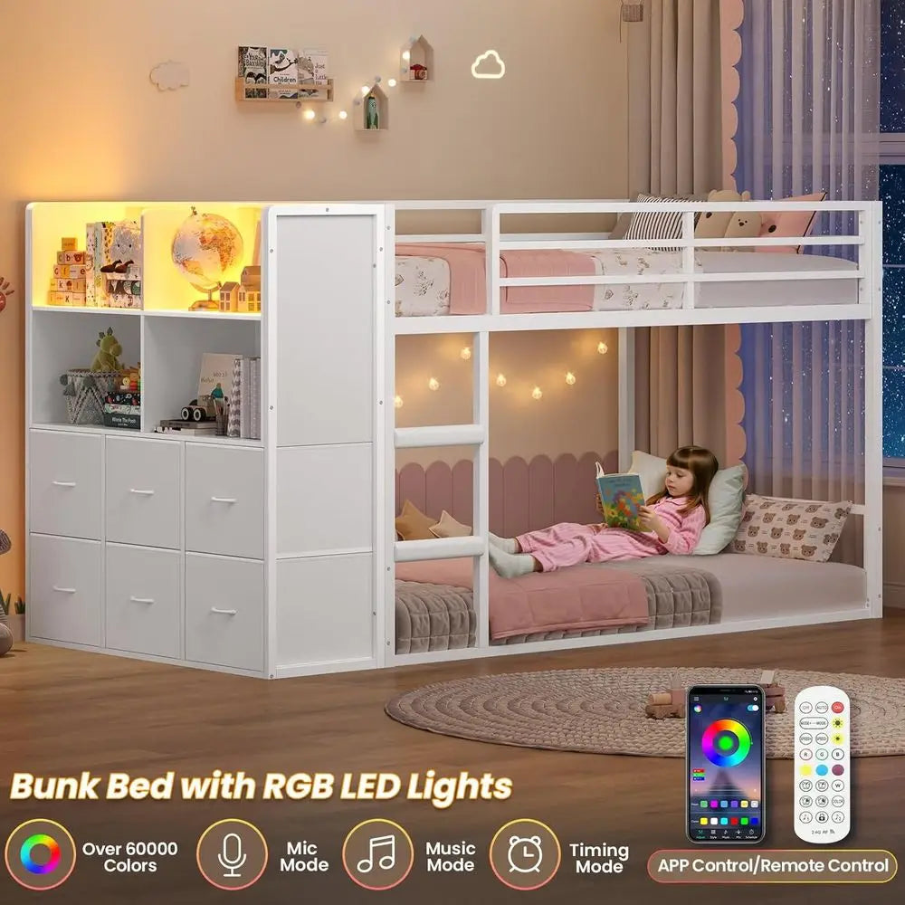 Twin Over Twin Bunk Bed With Storage Shelves And Led