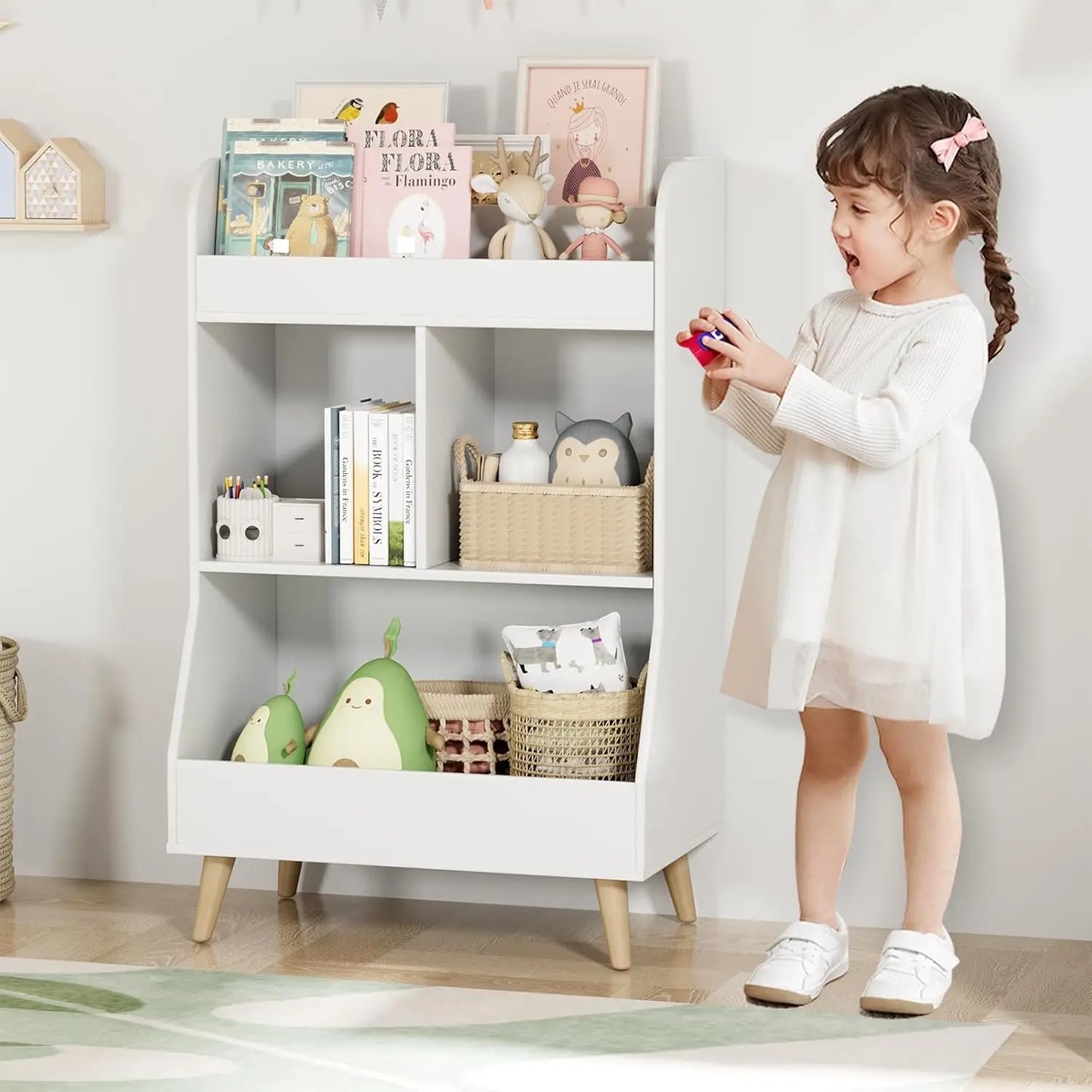 AuAg Kids Wooden Storage Unit With Bookshelf And Toy Organizer