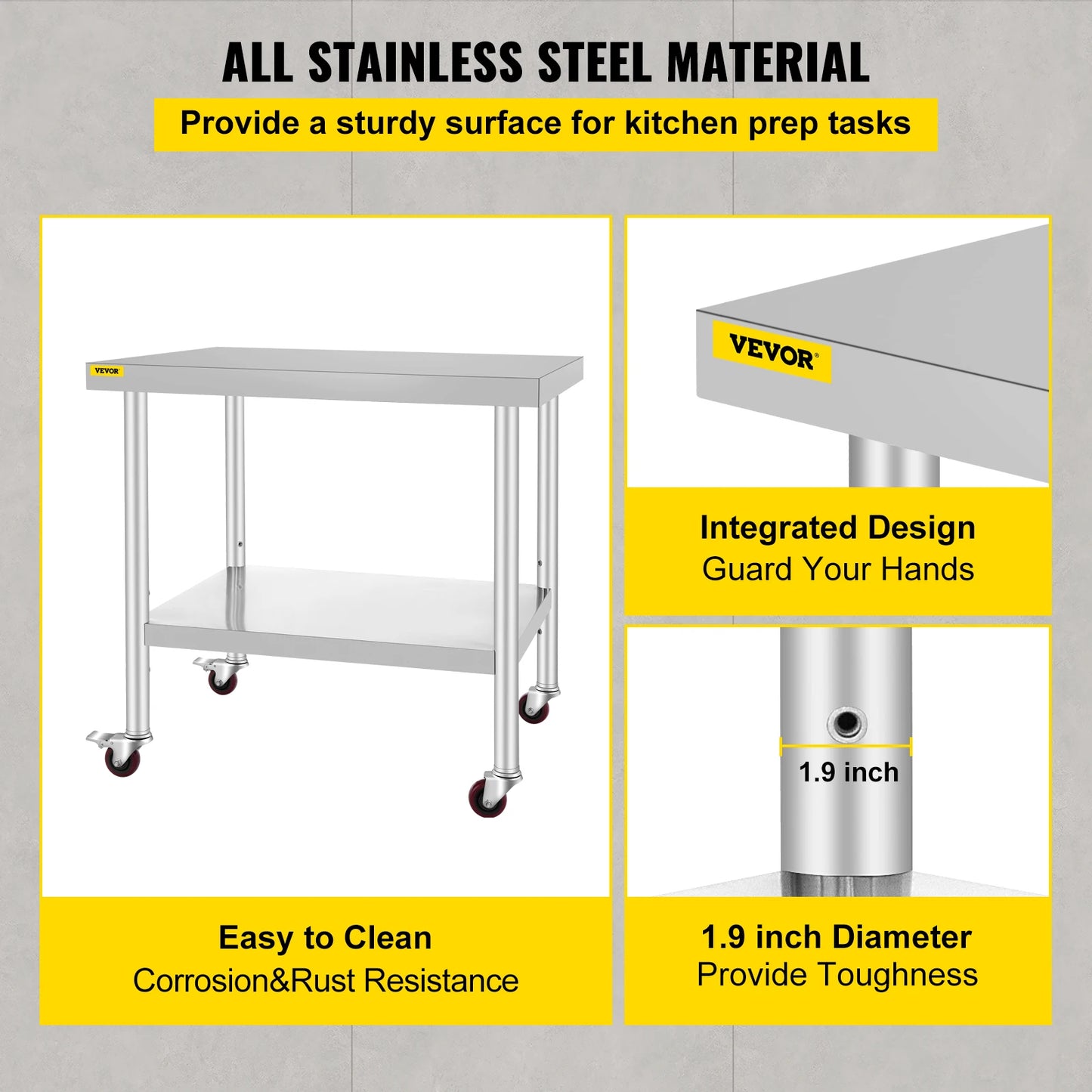 SucceBuy Stainless Steel Kitchen Prep Table With Sturdy Casters